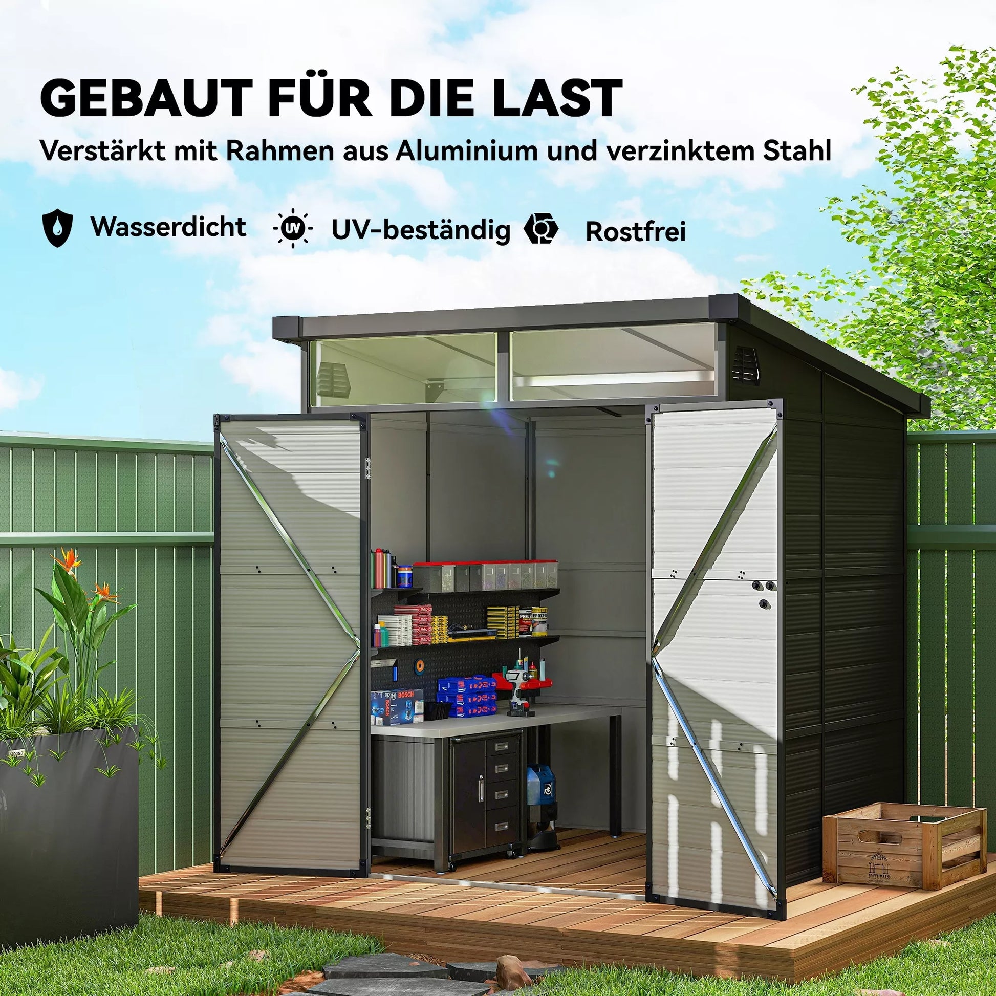 1,9 x 1,9 m sodo ir įrankių namelis iš plastiko, užrakinamos durys, 2 vėdinimo angos, tamsiai pilka