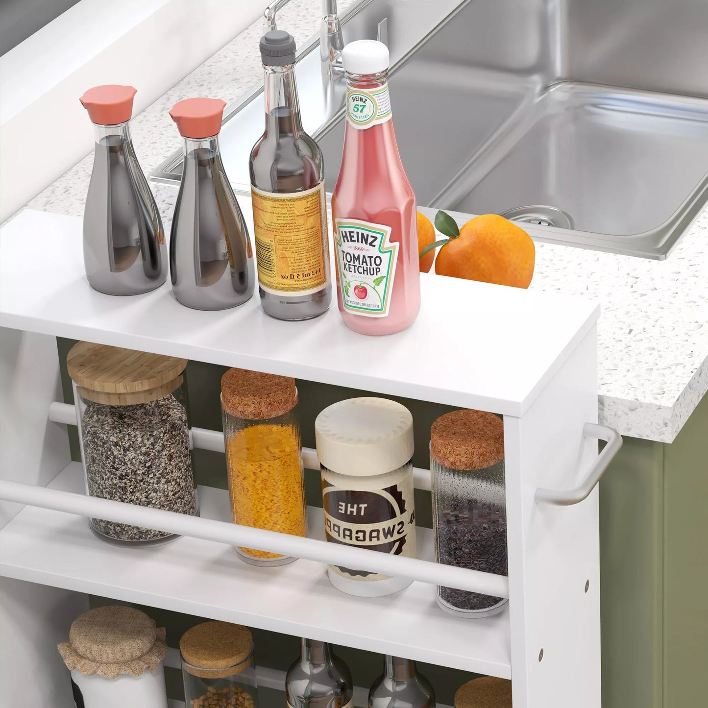 Daugiafunkcinė lentynos su ratukais, siaura konstrukcija, 4 skyriai, 45x15x91 cm, balta