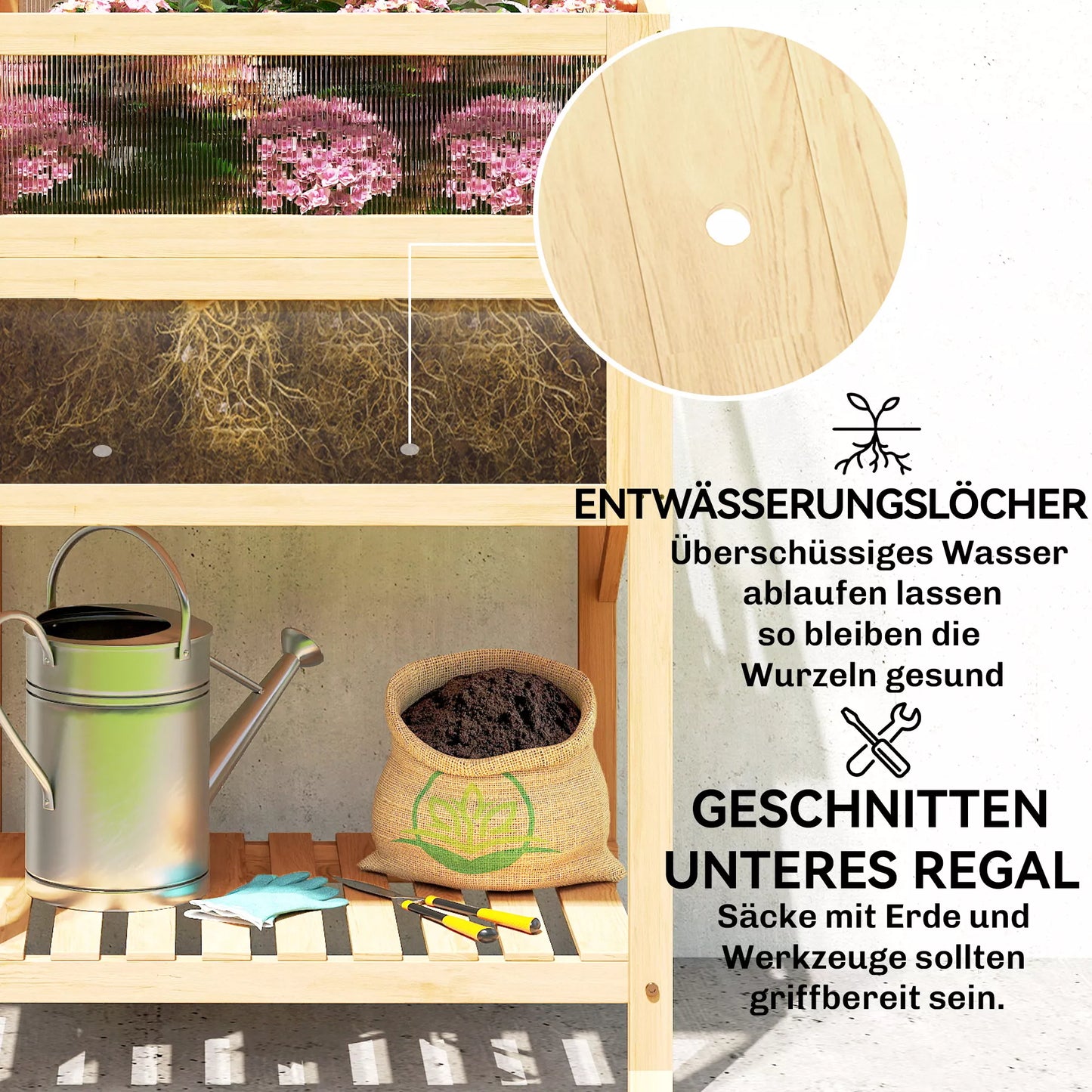 Pakelta lysvė su rėmu iš medžio, sulankstoma sodinimo dėžė su šiltnamiu, šoninis staliukas, daiktadėžė, natūrali mediena