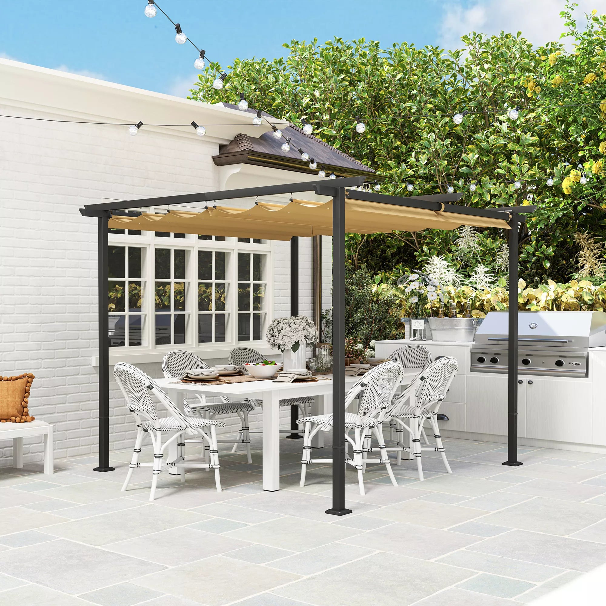 3 x 3 m sodo pergola su reguliuojamu stogu, metaliniu rėmu, UPF30+ apsauga, saulės stogu verandoje, terasoje, smėlio spalvos