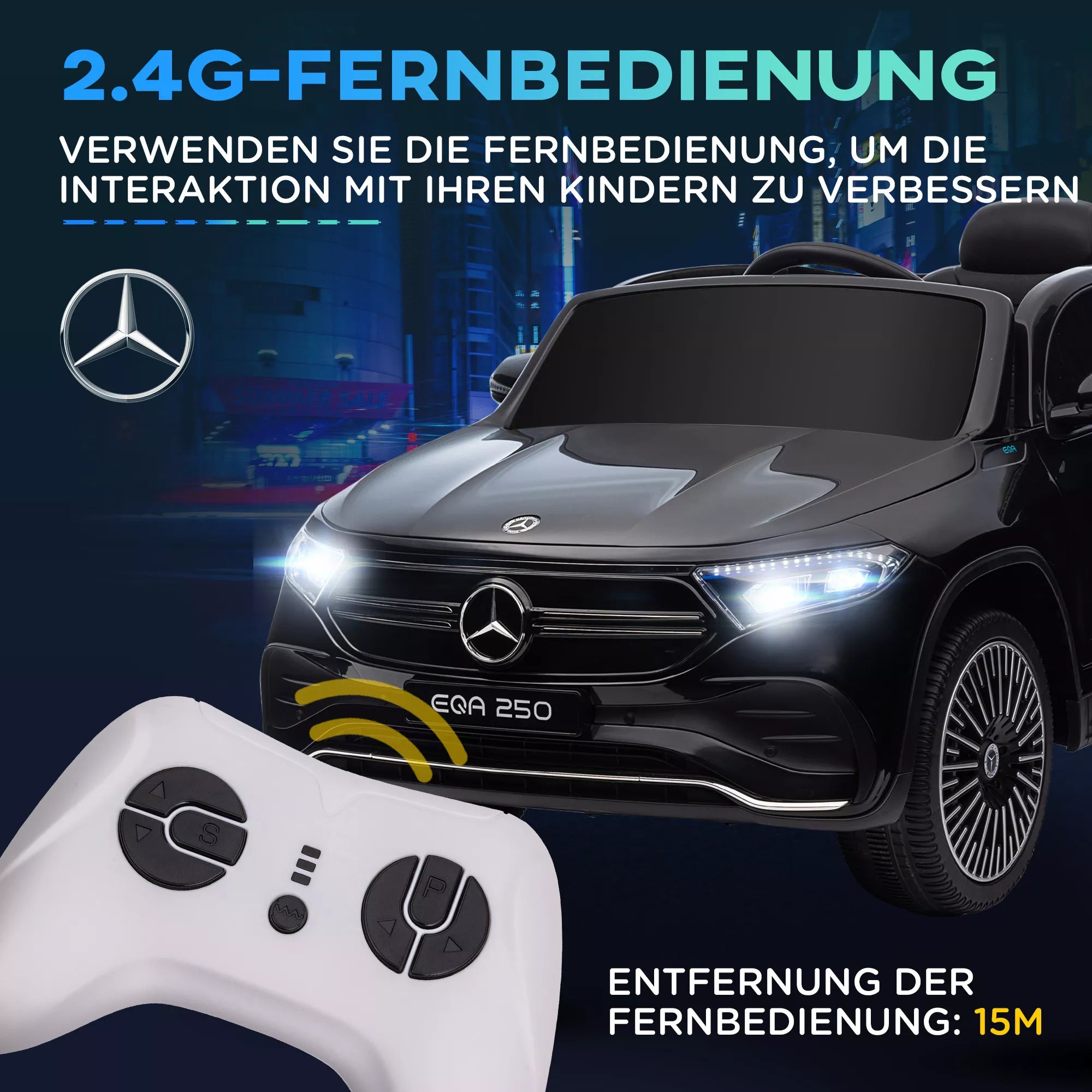 Elektrinis vaikų automobilis, licencijuotas „Mercedes-Benz EQA“, 3–8 km/h, muzika, žibintai, signalas, nuotolinis valdymas, juodos spalvos