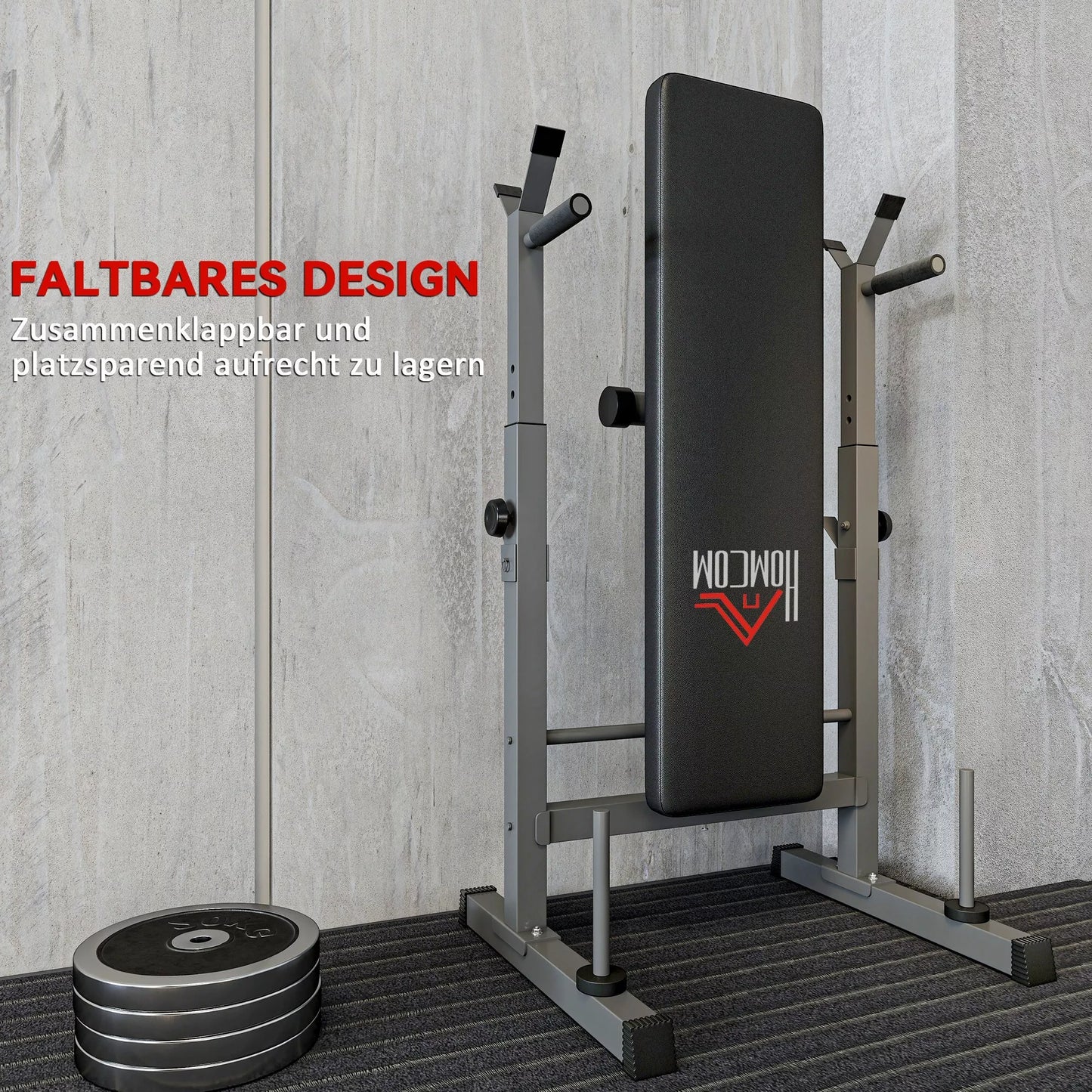 Hantelių suolas, 8 padėčių, sulankstomas, plieninė bazė, paminkštintas, dirbtinė oda, 98-122 aukšt. x 140 il. x 73 pl. cm, juoda/pilka