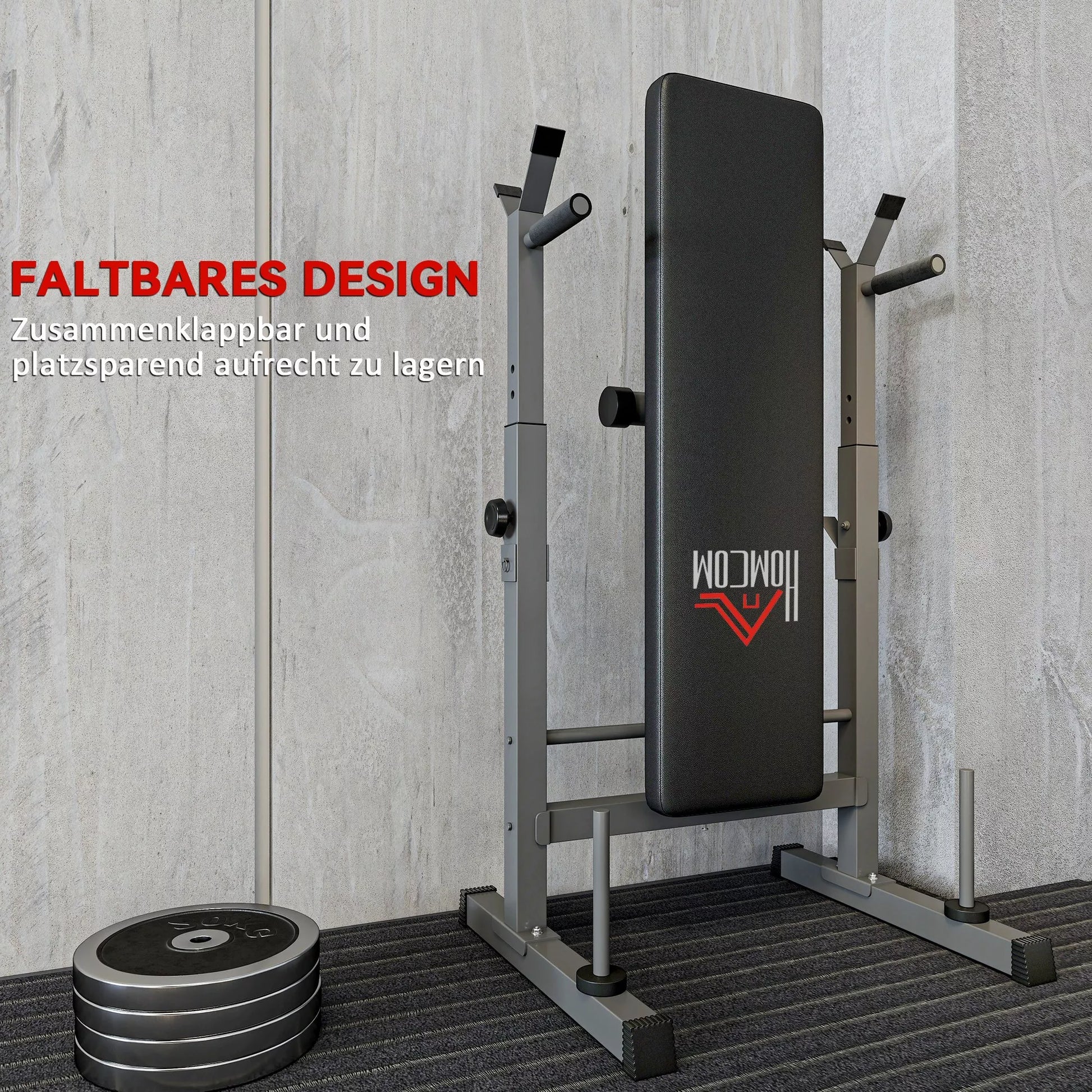 Hantelių suolas, 8 padėčių, sulankstomas, plieninė bazė, paminkštintas, dirbtinė oda, 98-122 aukšt. x 140 il. x 73 pl. cm, juoda/pilka