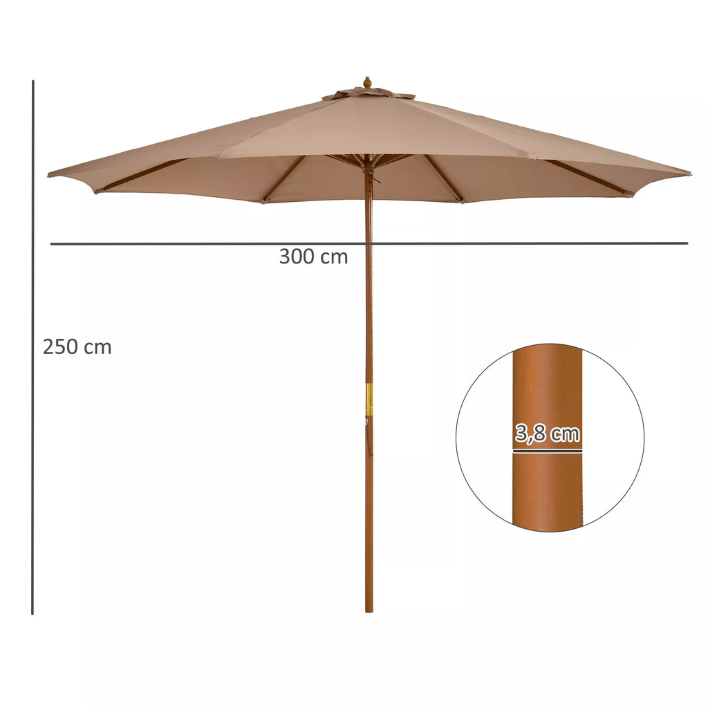 Skėtis nuo saulės Ø 300 cm, skėtis nuo saulės su UV apsauga, medinis balkono skėtis, tvirtas paplūdimio skėtis, turgaus skėtis, apsauga nuo saulės paplūdimyje, terasoje, sode, chaki spalvos.