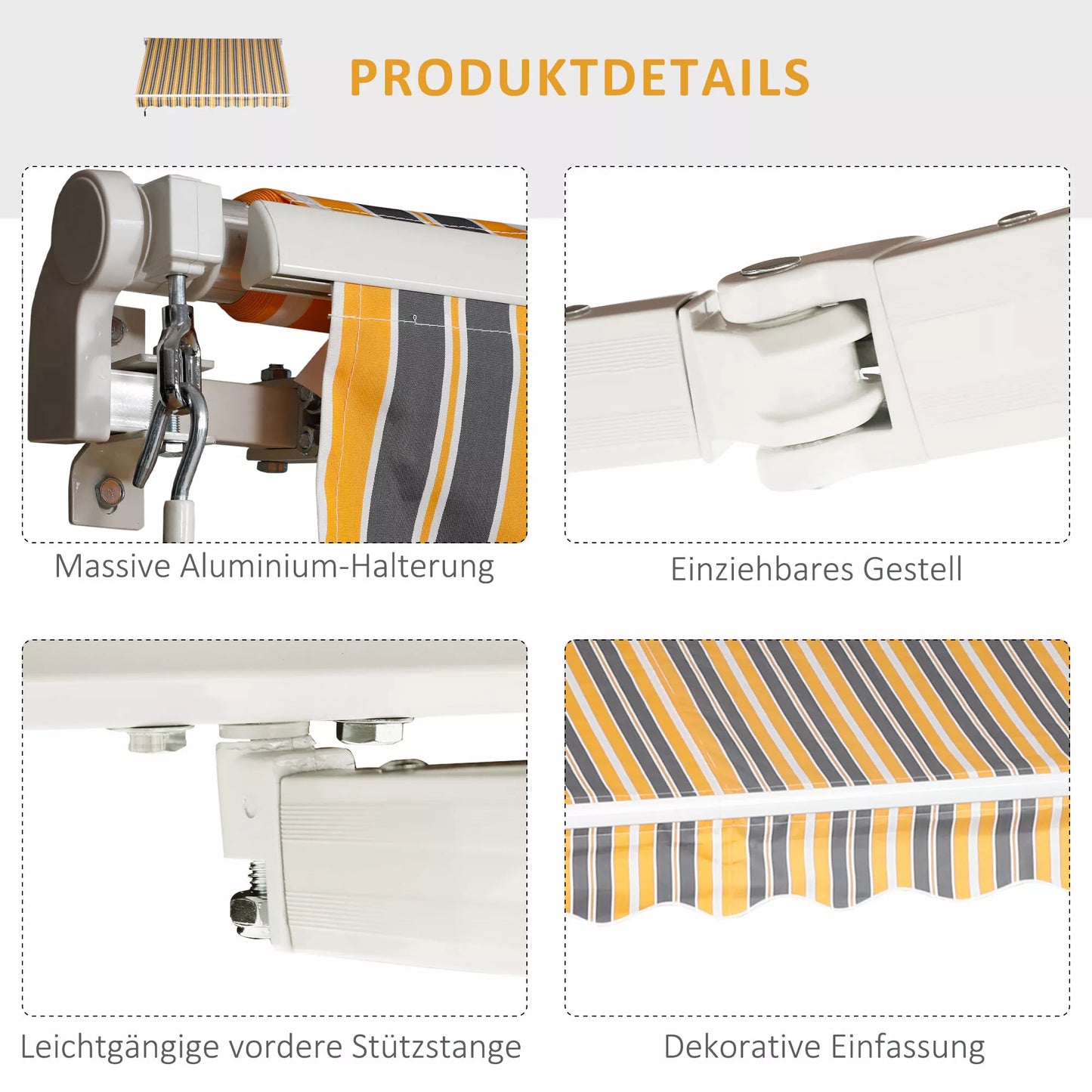 Markizė su alkūne, apsauga nuo saulės, rankine pavara, skirta balkonui, aliuminio, geltonos ir pilkos spalvos, 2,95 x 2,45 m