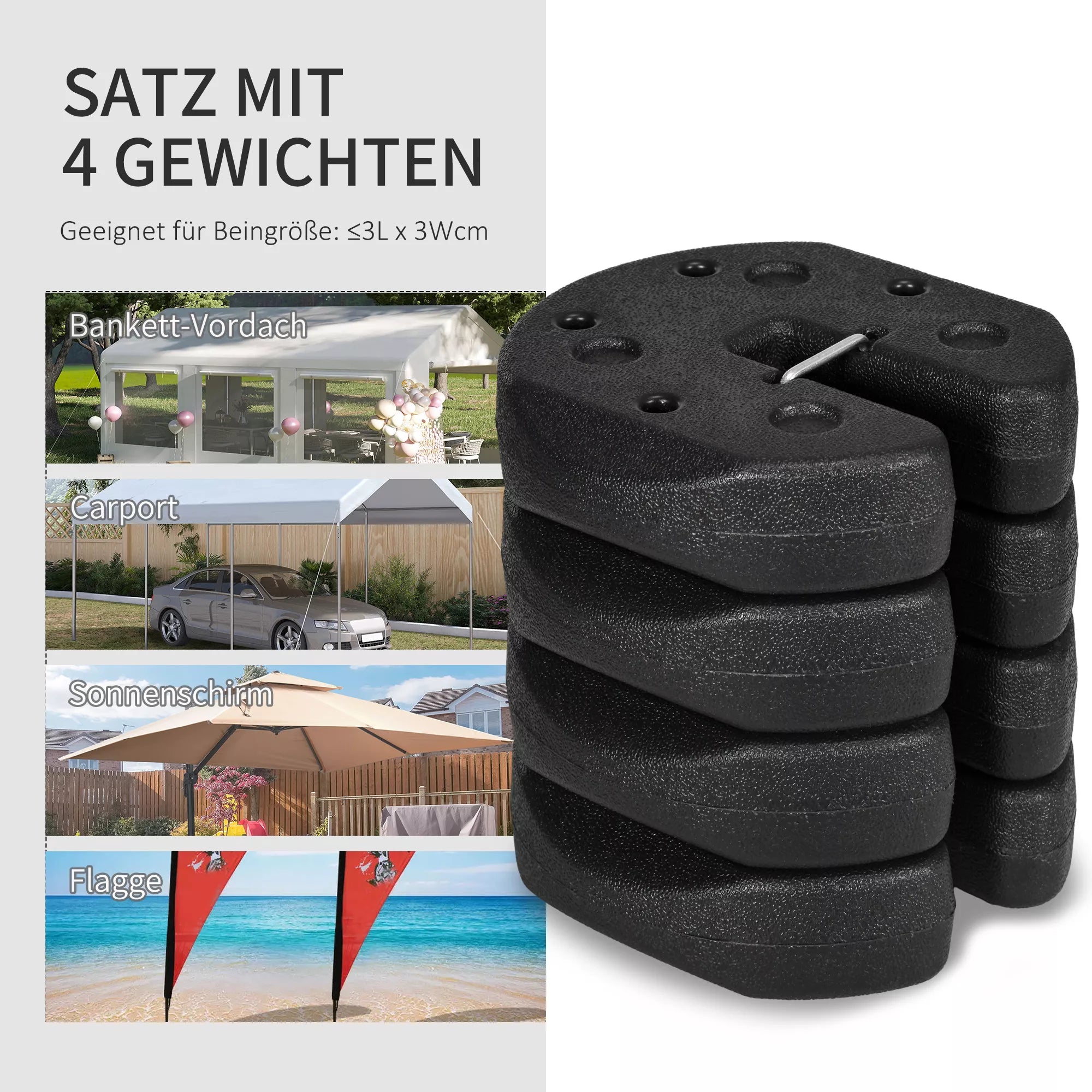Pavėsinės kojų svoriai, 4 vnt. rinkinys su tvirtinimo kaiščiais, plastikas (užpildomas), 12 kg, juodi
