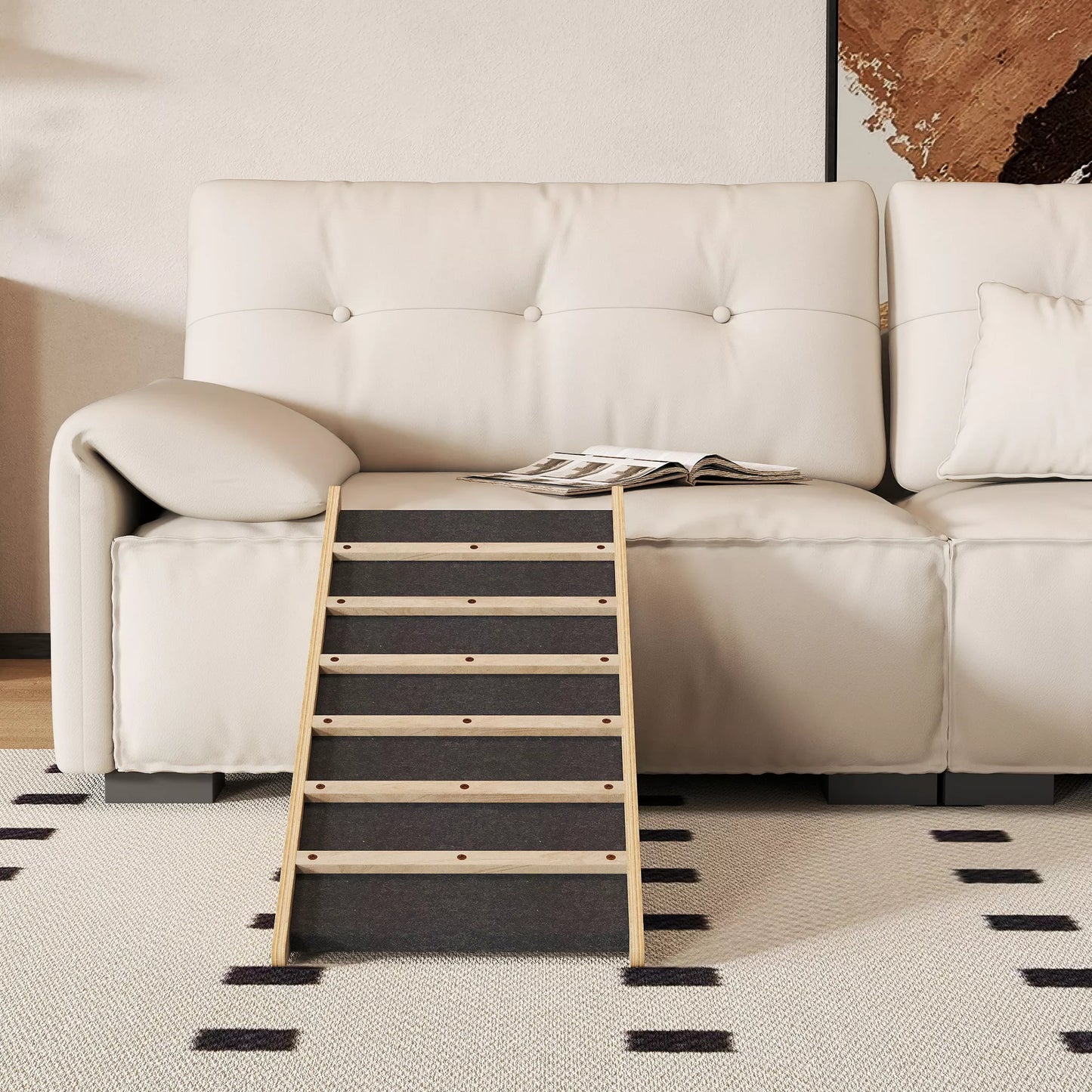 PawHut Gyvūnų laipteliai, šunų laipteliai, pušies mediena, neslystanti danga, 90 cm x 40 cm x 45 cm, Natūrali + Pilka