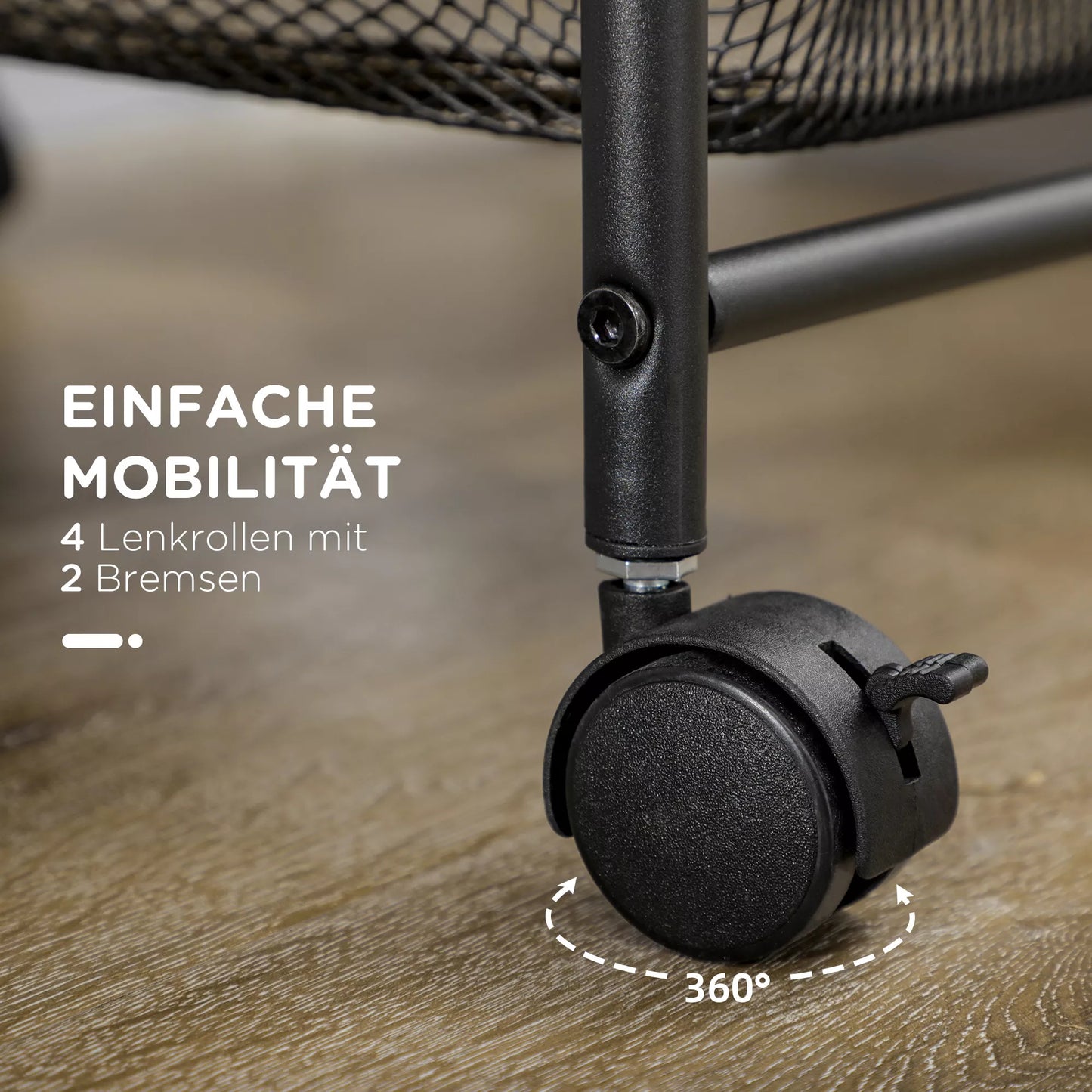 Vežimėlis su 4 krepšeliais, virtuvės vežimėlis, 4 ratai su 2 stabdžiais, universalus vežimėlis, juodas, 41,5 x 31 x 66 cm