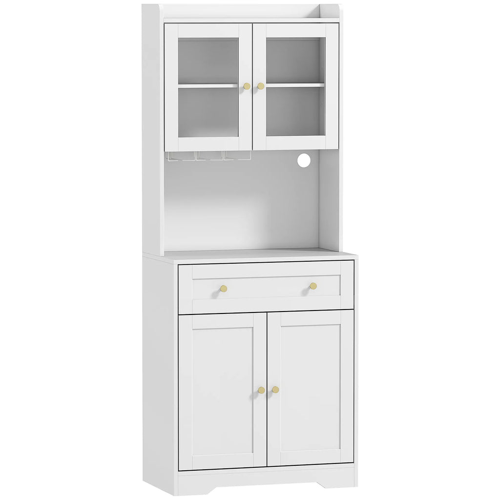 Virtuvės spintelė su darbo paviršiumi, vyno taurių laikiklis, sandėliavimo spintelė virtuvėje, valgomojo kambaryje, 170 cm, MDF, stiklas, balta