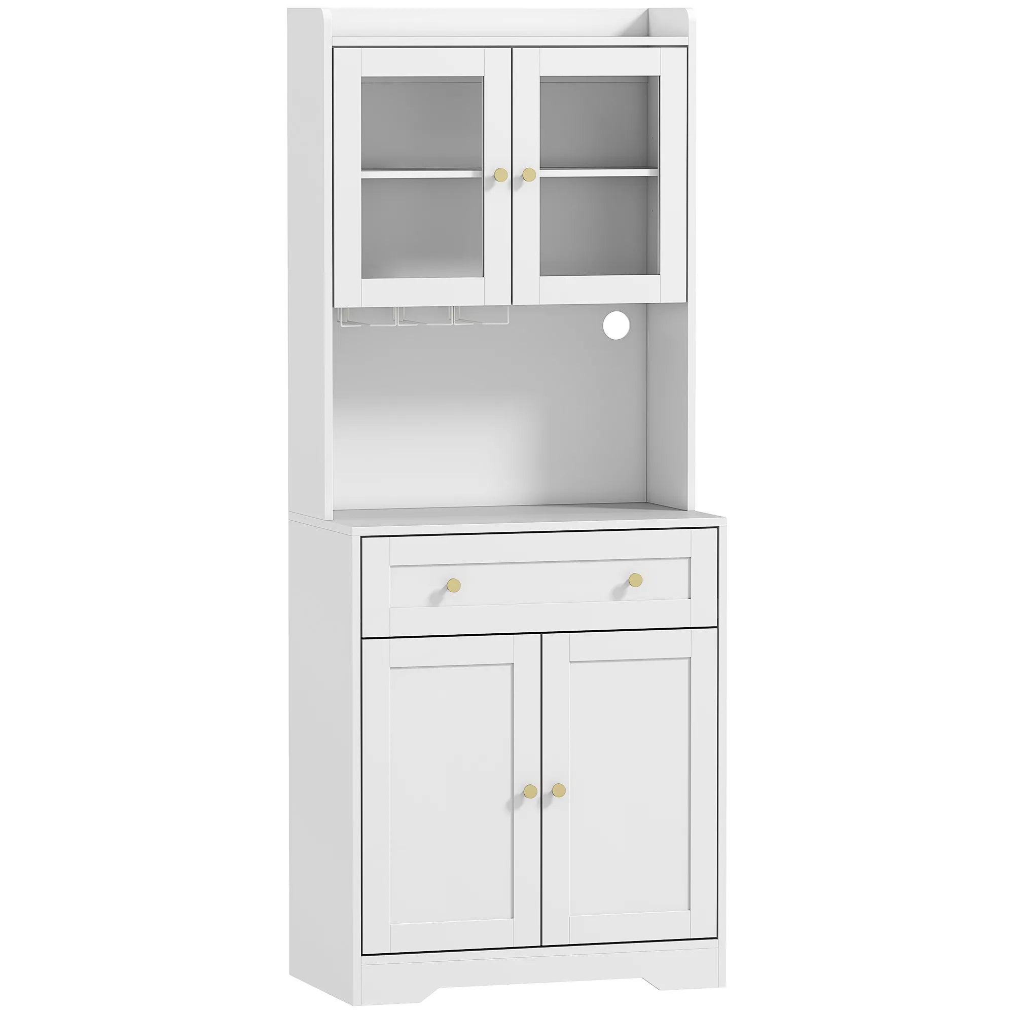 Virtuvės spintelė su darbo paviršiumi, vyno taurių laikiklis, sandėliavimo spintelė virtuvėje, valgomojo kambaryje, 170 cm, MDF, stiklas, balta