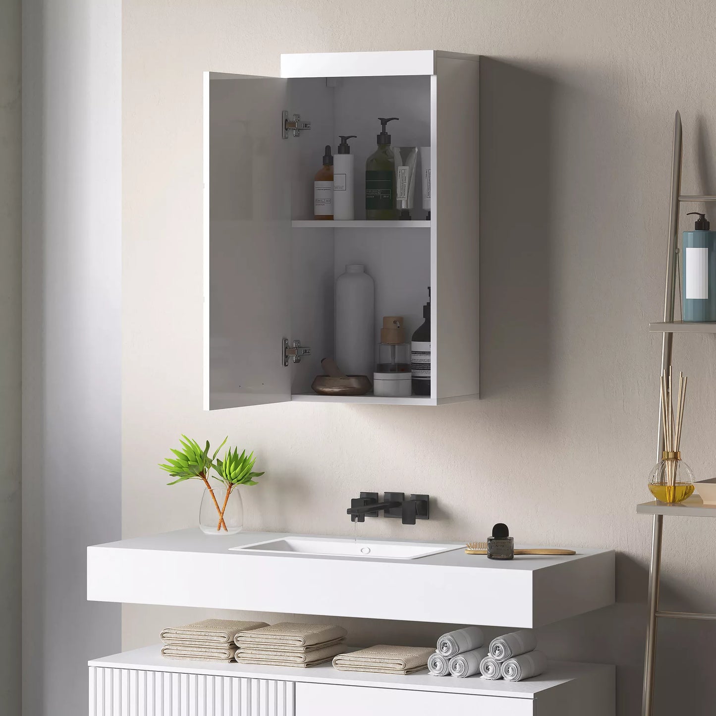 Dviejų pakopų vonios spintelė, komoda, sieninė, MDP, MDF, balta