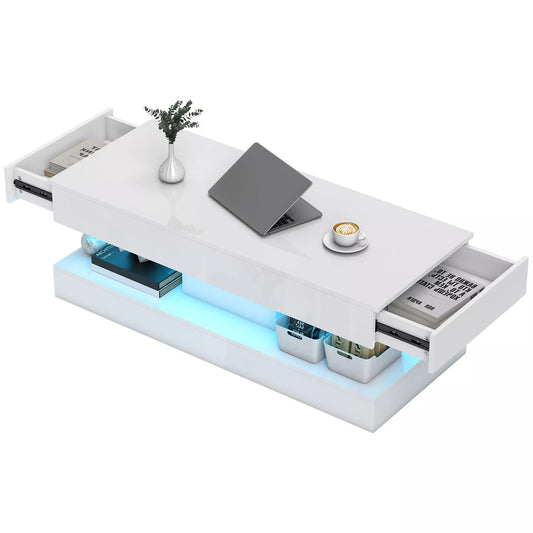 Svetainės staliukas su stalčiais ir LED apšvietimu, modernus sofa staliukas su atvira lentyna, kavos staliukas, medžio drožlių plokštė, balta