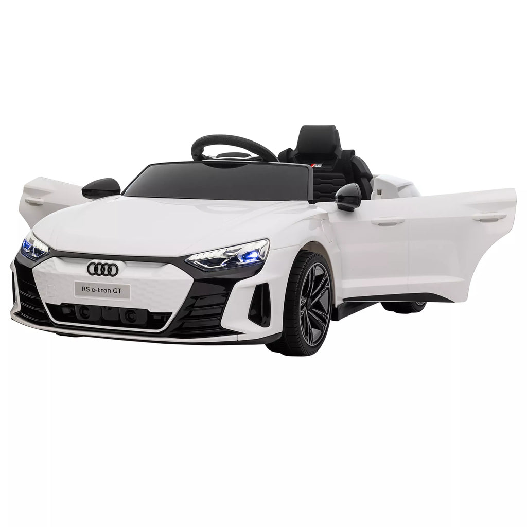 Vaikų elektrinis automobilis „Audi RS e-tron GT“ su saugos diržu, nuotolinio valdymo pultu, žibintais, muzikos funkcija, baltas, 103 x 58 x 41 cm