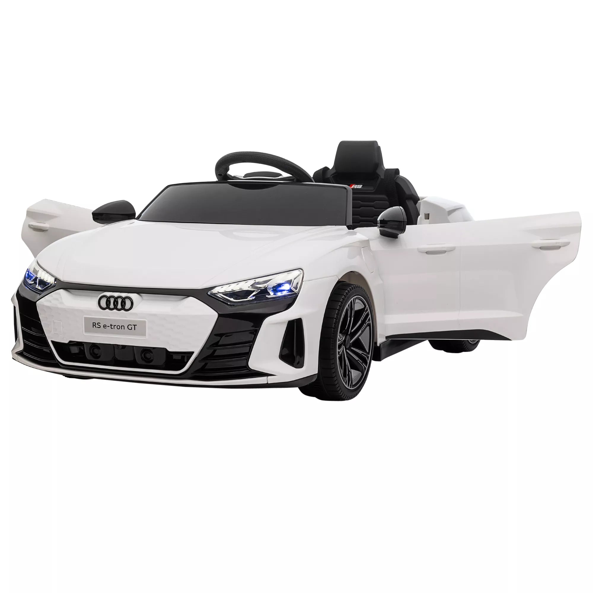 Vaikų elektrinis automobilis „Audi RS e-tron GT“ su saugos diržu, nuotolinio valdymo pultu, žibintais, muzikos funkcija, baltas, 103 x 58 x 41 cm