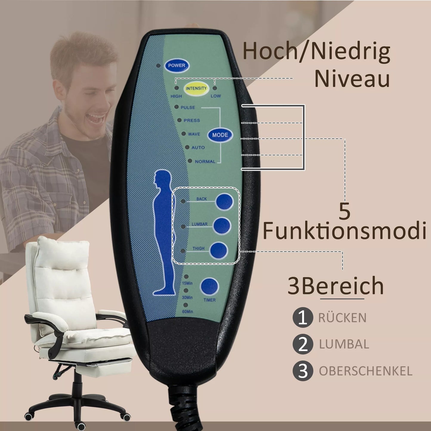 Masažinė biuro kėdė, darbo kėdė su masažo funkcija, aukščio reguliuojamas, ergonomiškas pasukamas krėslas, nailonas, kreminės baltos spalvos