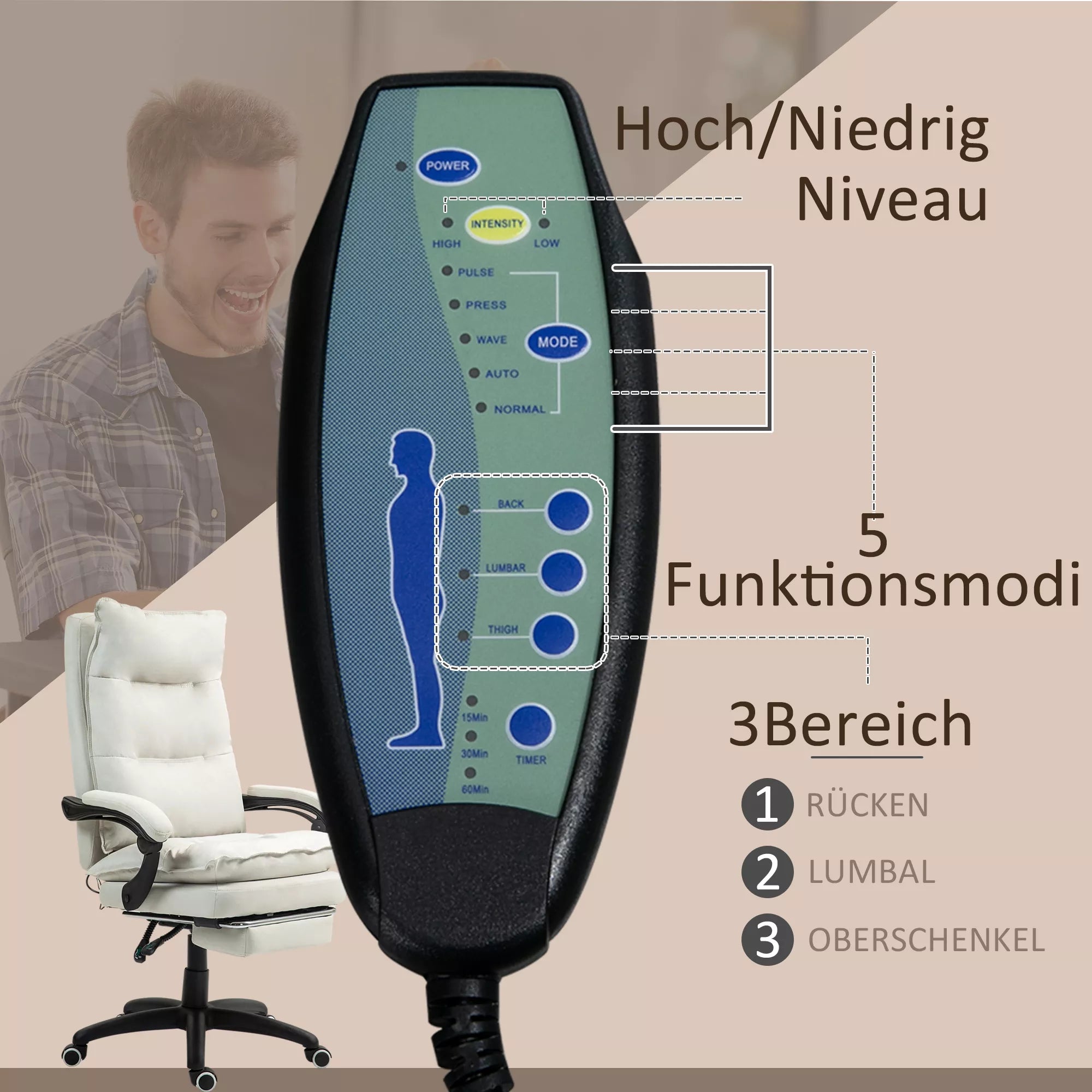 Masažinė biuro kėdė, darbo kėdė su masažo funkcija, aukščio reguliuojamas, ergonomiškas pasukamas krėslas, nailonas, kreminės baltos spalvos
