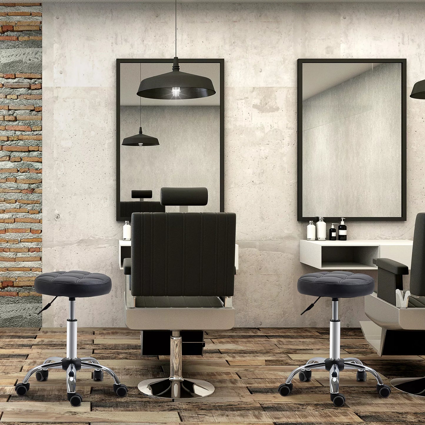 2 vnt. Rinkinys Reguliuojamo Aukščio Ratukinių Taburečių, Sukamos Taburetės 48-63 cm, Darbinė Taburetė 360° Besisukanti, Biuro, Salono, Masažo, SPA Taburetė, Juoda