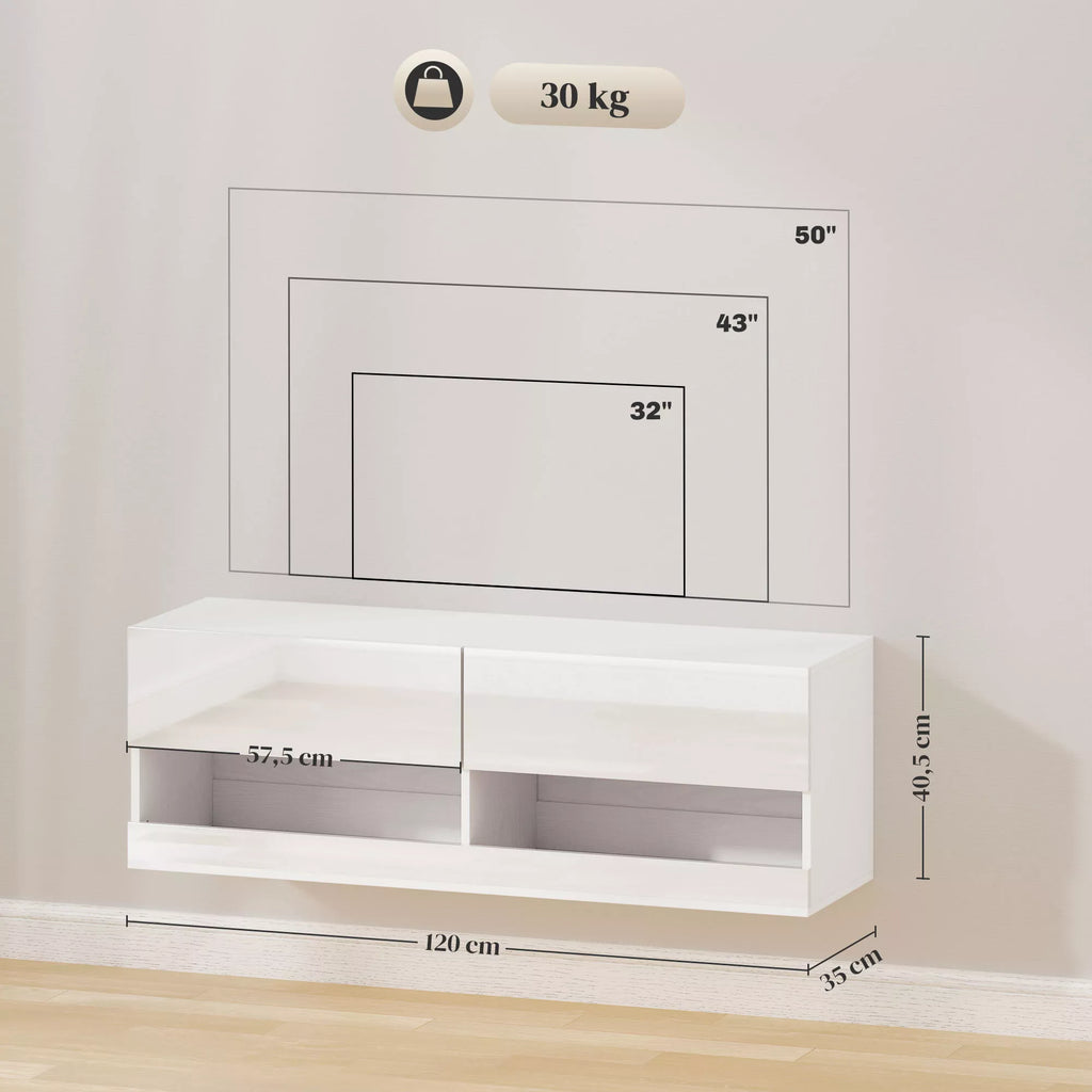 Sieninė TV spintelė su LED apšvietimu, 16 mirksėjimo režimų, atviros lentynos, 120 x 35 x 40,5 cm, balta