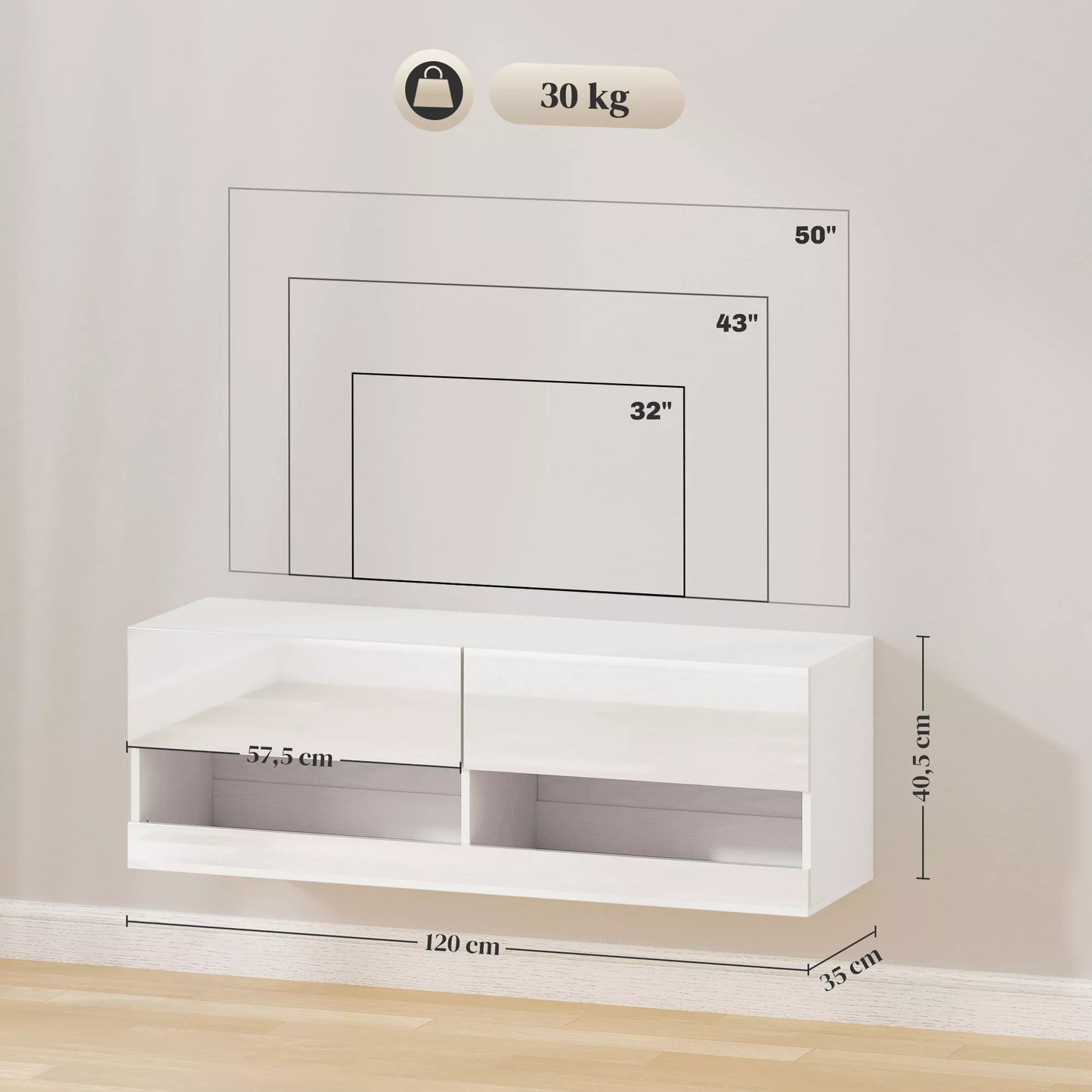 Sieninė TV spintelė su LED apšvietimu, 16 mirksėjimo režimų, atviros lentynos, 120 x 35 x 40,5 cm, balta