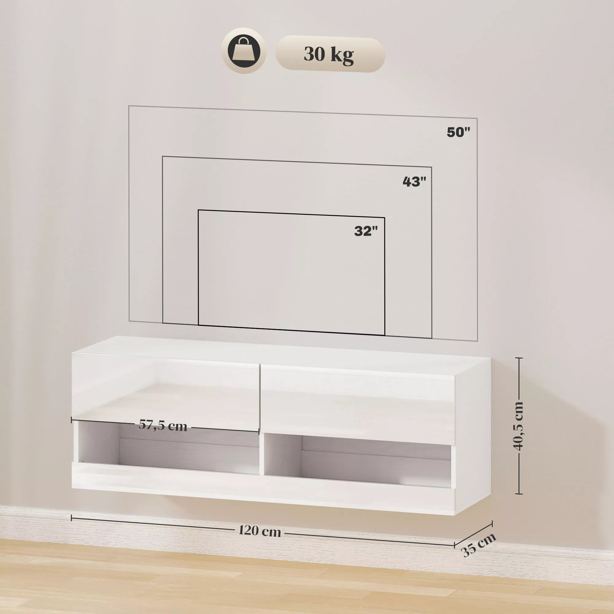 Sieninė TV spintelė su LED apšvietimu, 16 mirksėjimo režimų, atviros lentynos, 120 x 35 x 40,5 cm, balta