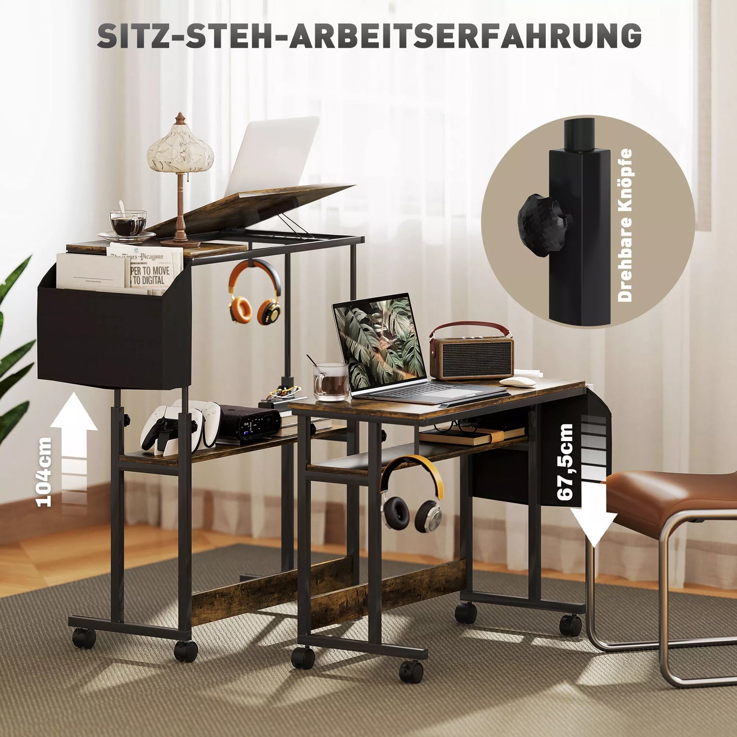 Reguliuojamo aukščio stovimas rašomasis stalas su pakreipiama stalviršiu, ratukais, laikymo lentyna, skirtas rašyti, skaityti, piešti, rudas