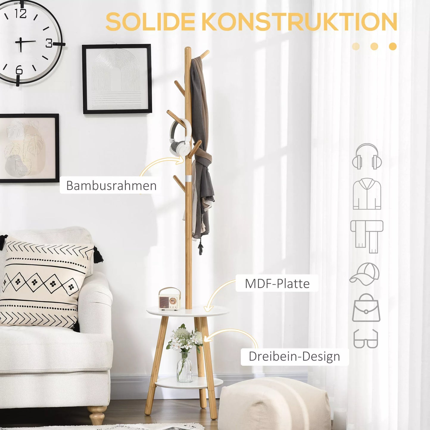 Drabužinė kabykla su staliuku, "Skandi" dizainas, 5 drabužių kabliukai, 39,5 cm x 39,5 cm x 171 cm, natūrali spalva + balta