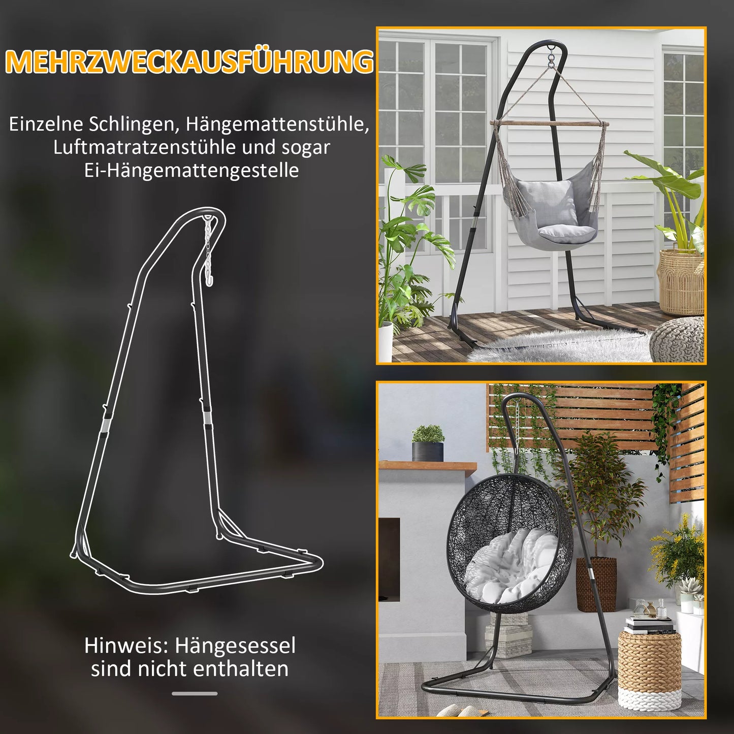 Kabamasis kėdės stovas Kabamosios kėdės rėmas Kabamosios kėdės laikiklis, 133 cm x 116 cm x 195/230 cm, juodas