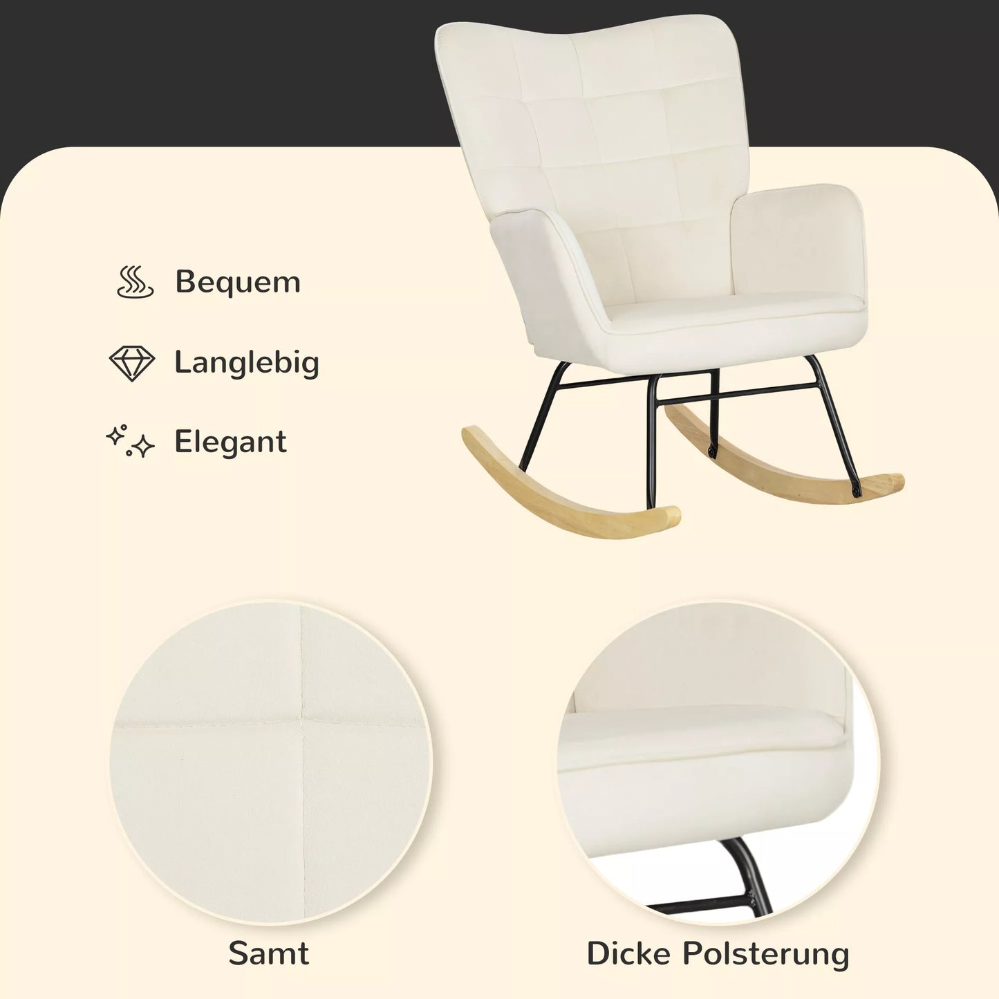 Supamas krėslas, storas paminkštinimas, platus atlošas, buko medienos/plieno rėmas, iki 120 kg, smėlio spalvos