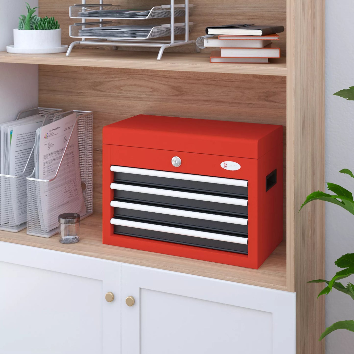 DURHAND įrankių vežimėlis, su užraktu, 2 raktais, 45 cm x 24,5 cm x 32,5 cm, Raudonas