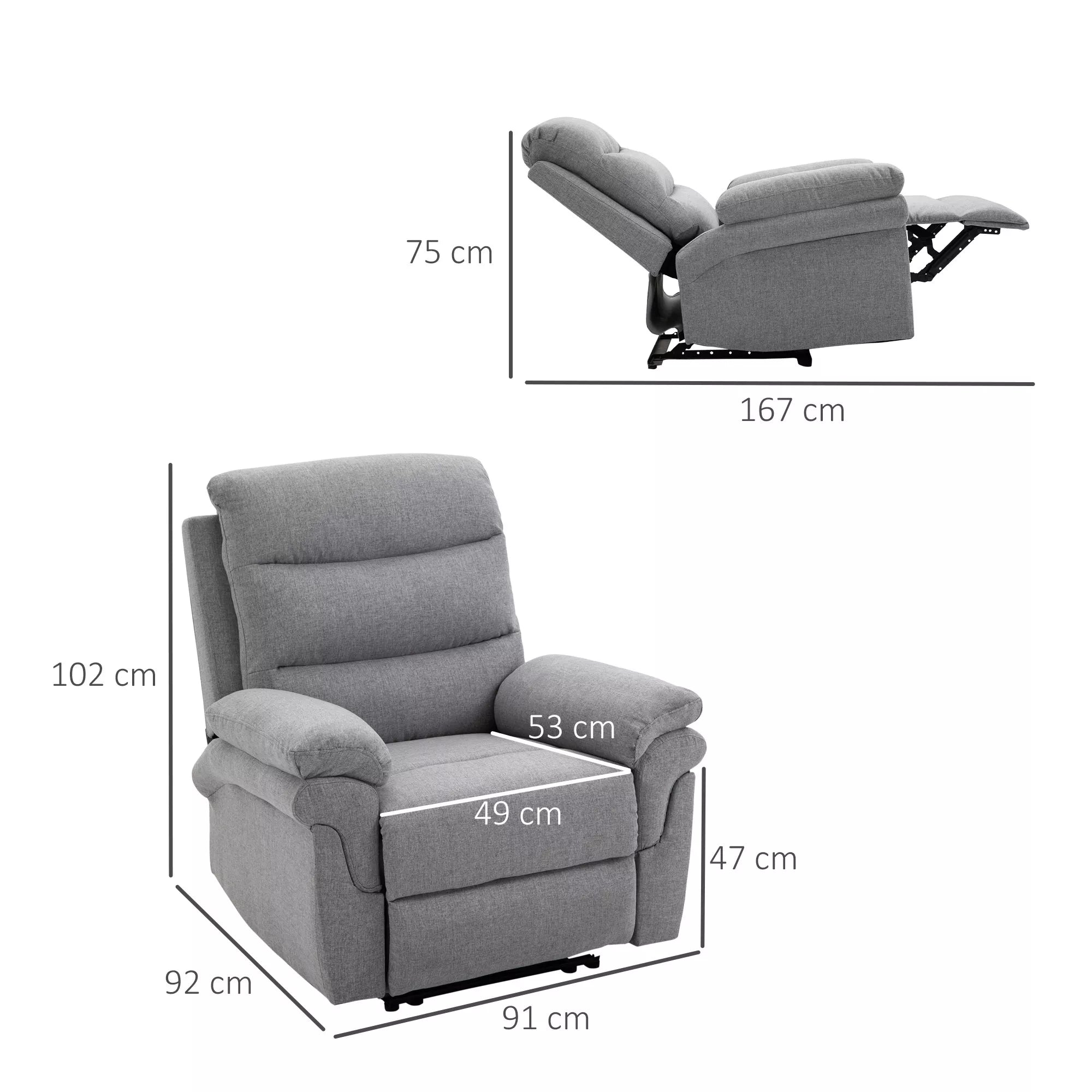 HOMCOM fotelis su atlošimo funkcija, vienvietė sofa, reguliuojamas, atsidaro 165°, poilsio fotelis, televizijos fotelis, skirtas svetainei, miegamajam, lininio audinio imitacija, šviesiai pilkos spalvos, 91 x 92 x 102 cm