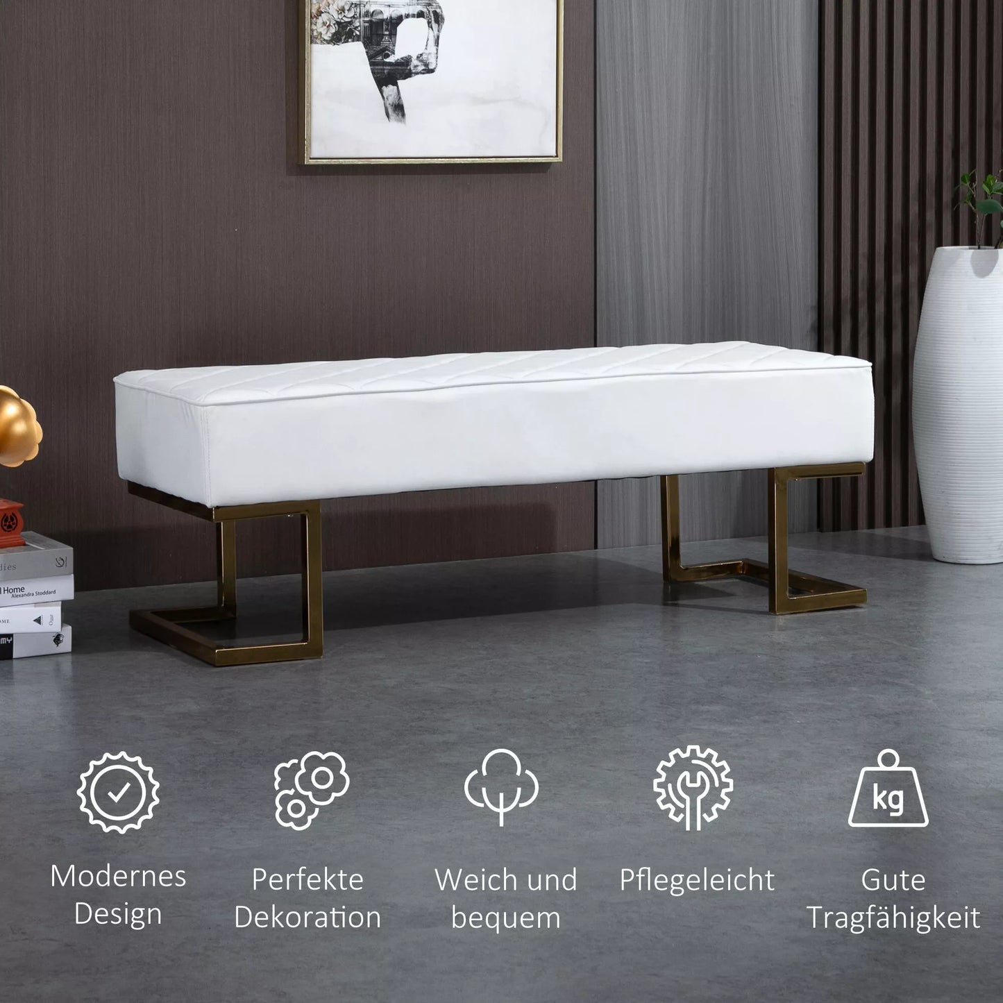 Suolas miegamajam, daiktadėžė, suolas prie lovos, svetainei, dirbtinė oda, metalas, balta+auksinė, 120 x 43 x 42 cm