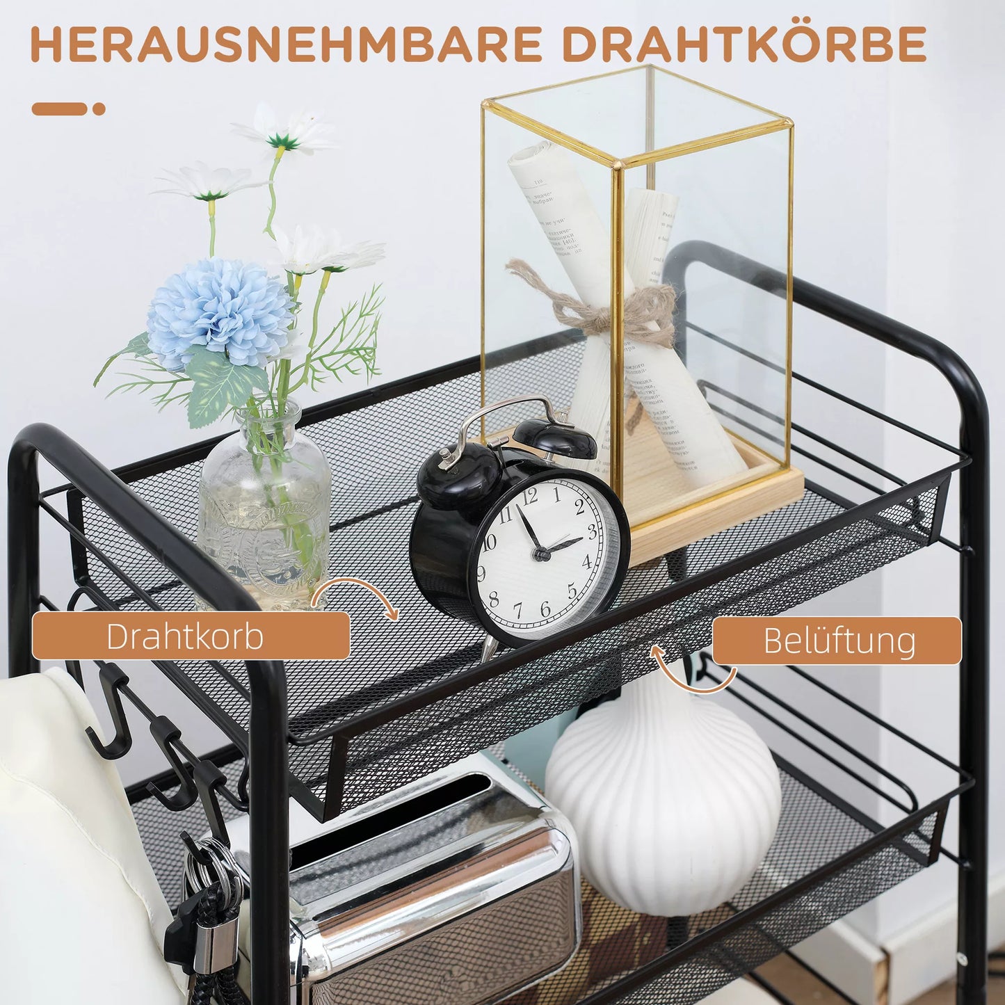 Vežimėlis su 4 pakabinamais krepšeliais, ratukinis serviravimo vežimėlis, mobilus, su nuimamais kabliukais, plienas, 45 x 26,5 x 84 cm, juodas