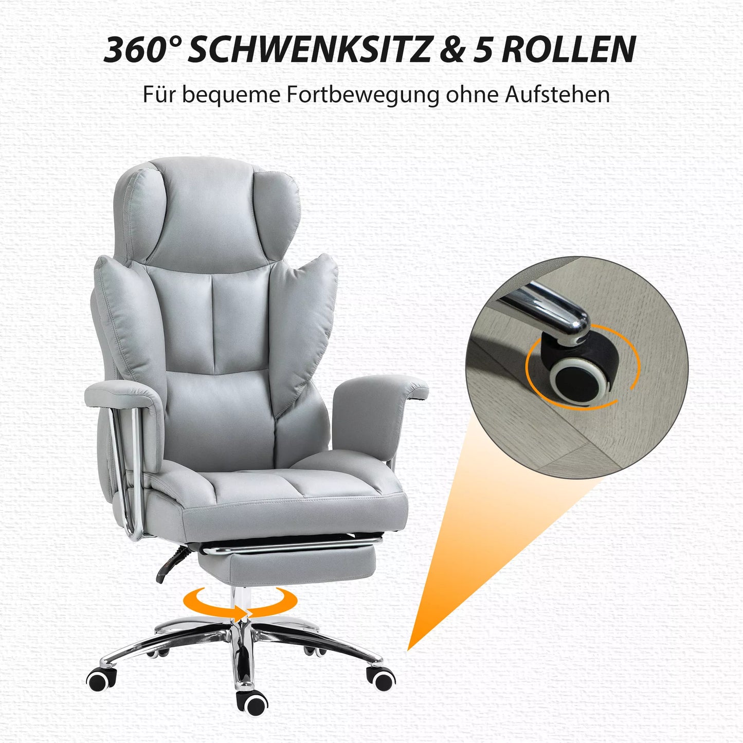 Ergonomiška biuro kėdė, paminkštinta, su kojų atrama, reguliuojamu atlošu, 360° pasukama, šviesiai pilka