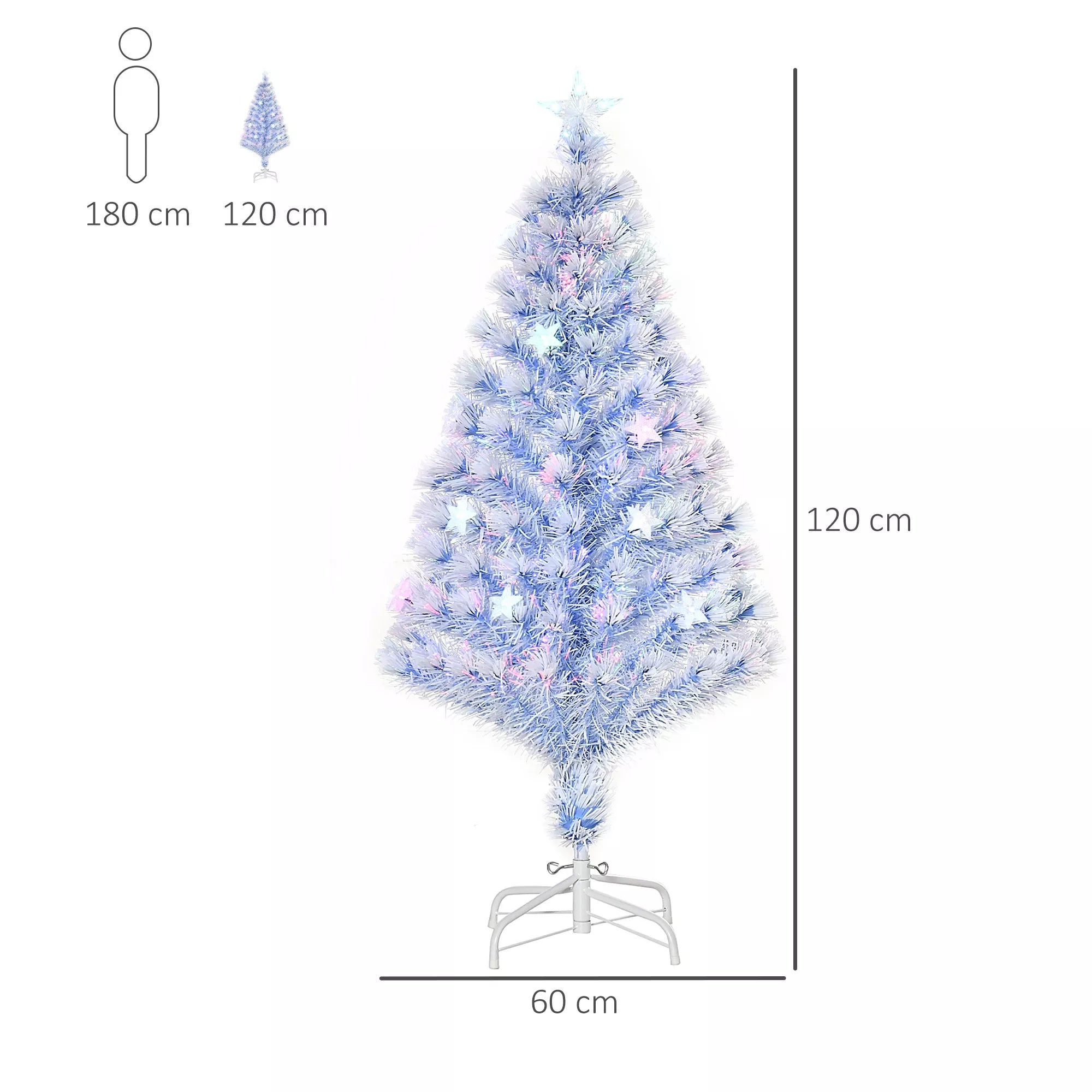 Dirbtinė Kalėdų eglė 120 cm Kalėdinė eglutė dirbtinė su stiklo pluoštu ir LED apšvietimu, 130 galiukų eglė su plieniniu stovu viduje Balta+Mėlyna