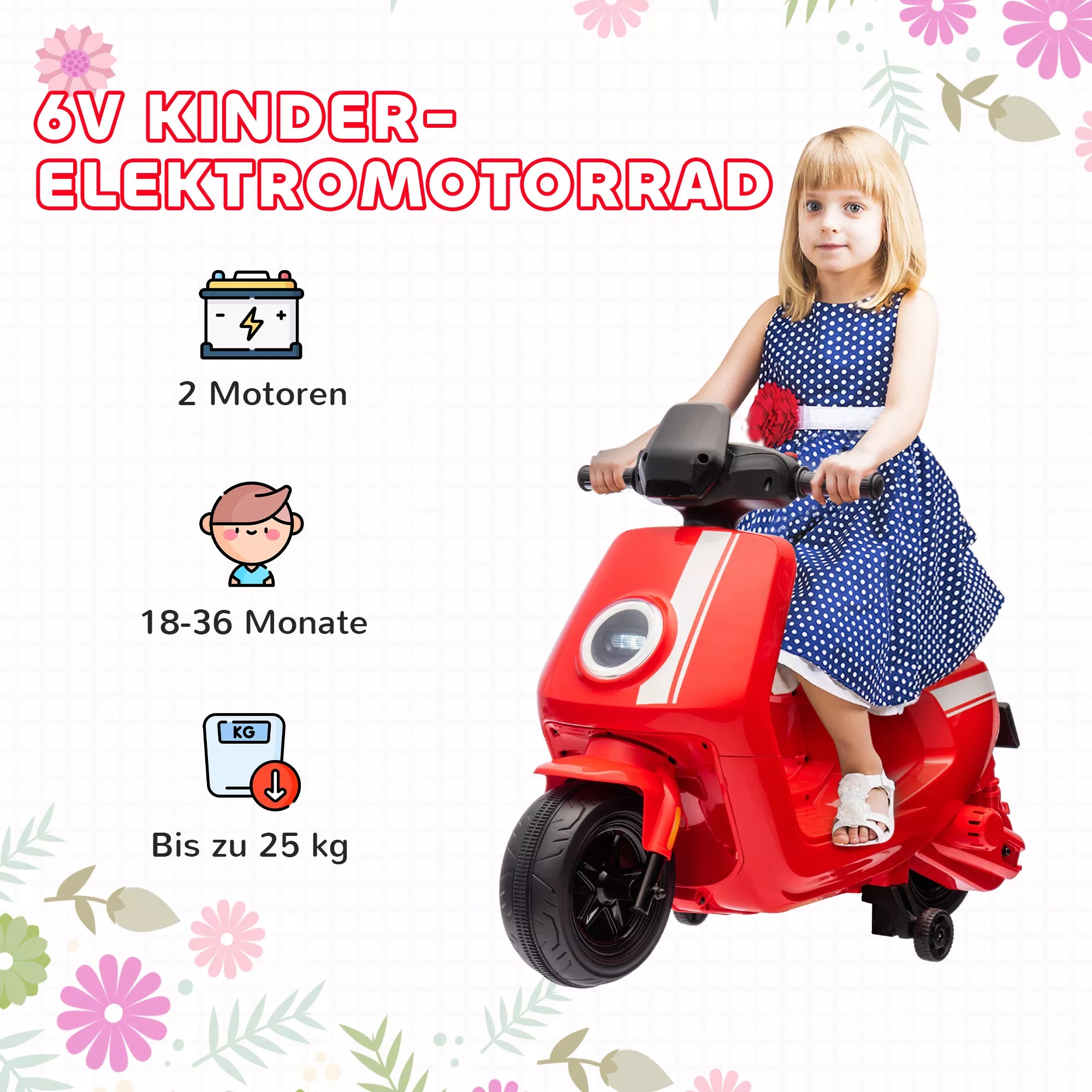 6 V elektrinis motociklas vaikams, su žibintu ir muzika, priekinė ir atbulinė eiga, pagalbiniai ratai, 18–36 mėnesių, raudonas
