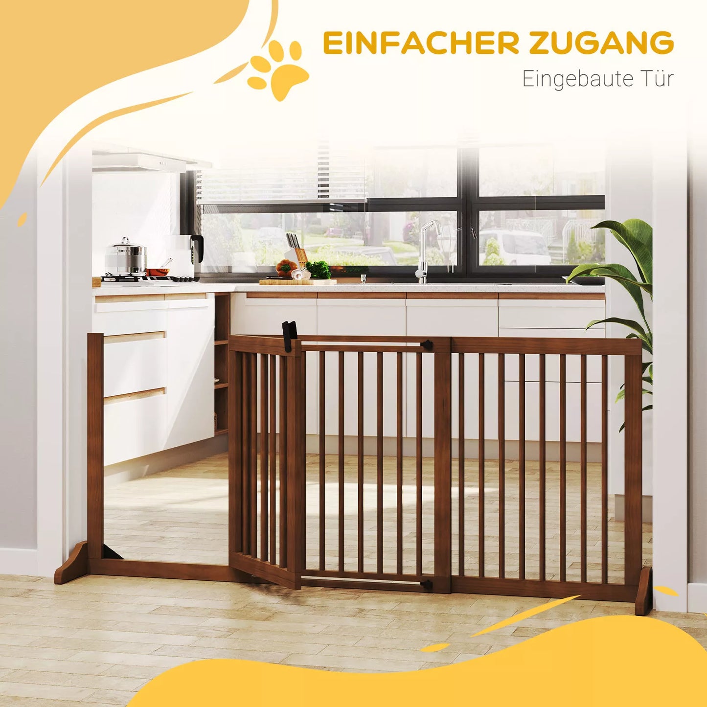 Apsaugos barjeras šunims, durų apsaugos grotelės, apsauginės medinės grotelės, laisvai pastatomos šunų grotelės su durelėmis, šunų blokavimo grotelės, konfigūruojamos grotelės židiniui ir krosnelei, rudos spalvos, 113-166 x 36 x 71 cm