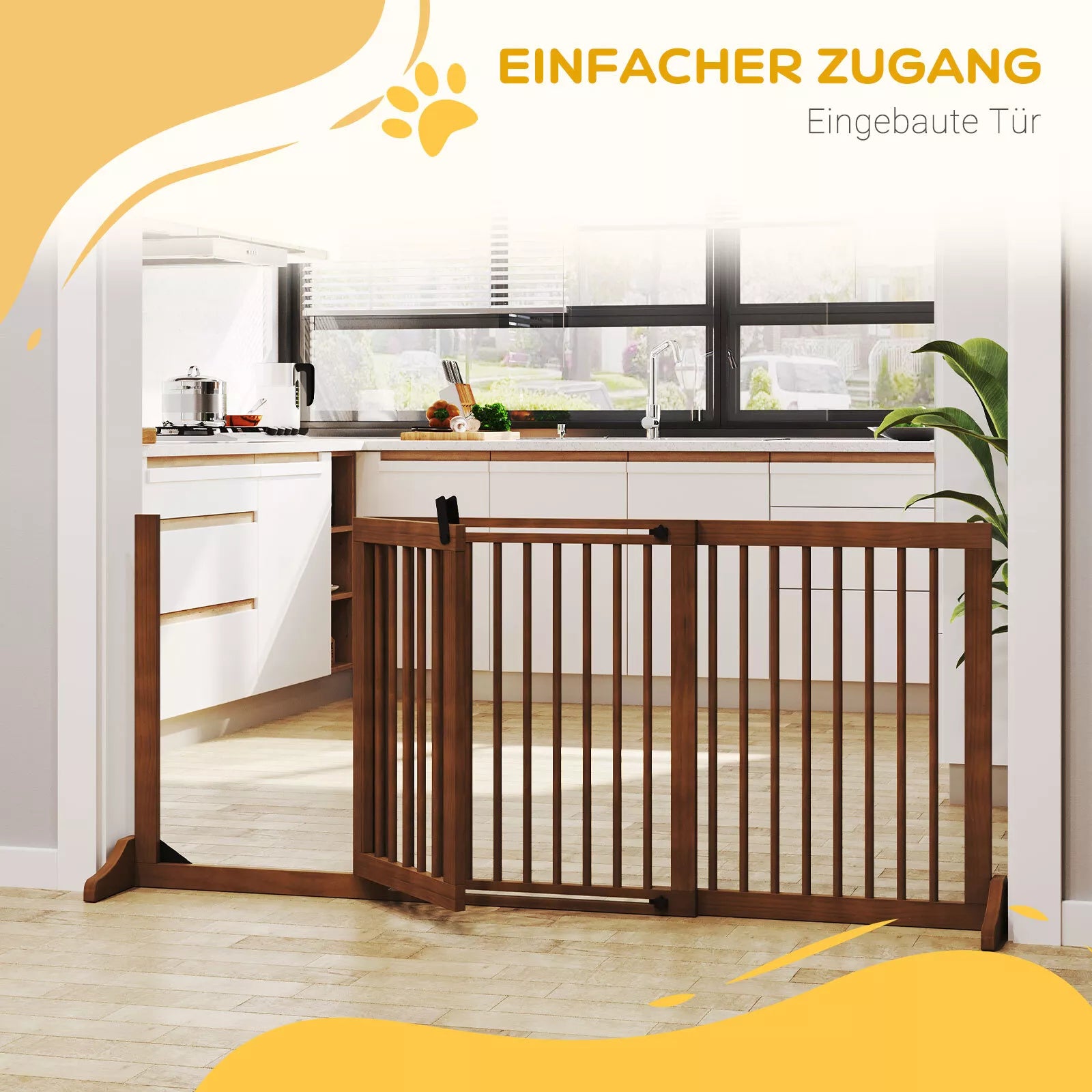 Apsaugos barjeras šunims, durų apsaugos grotelės, apsauginės medinės grotelės, laisvai pastatomos šunų grotelės su durelėmis, šunų blokavimo grotelės, konfigūruojamos grotelės židiniui ir krosnelei, rudos spalvos, 113-166 x 36 x 71 cm