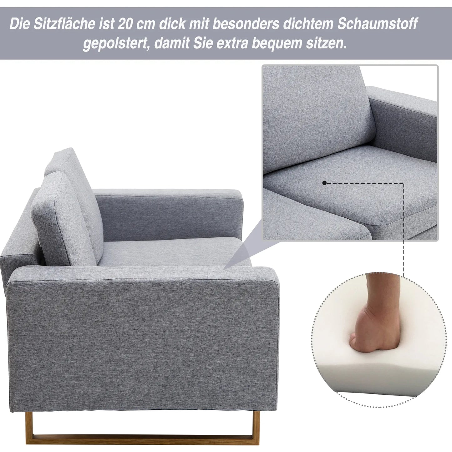 ® 2 vietų sofa, audinio sofa, kampinė sofa, minkšta sofa su porankiais, medinė, šviesiai pilka, 145 x 82 x 78 cm