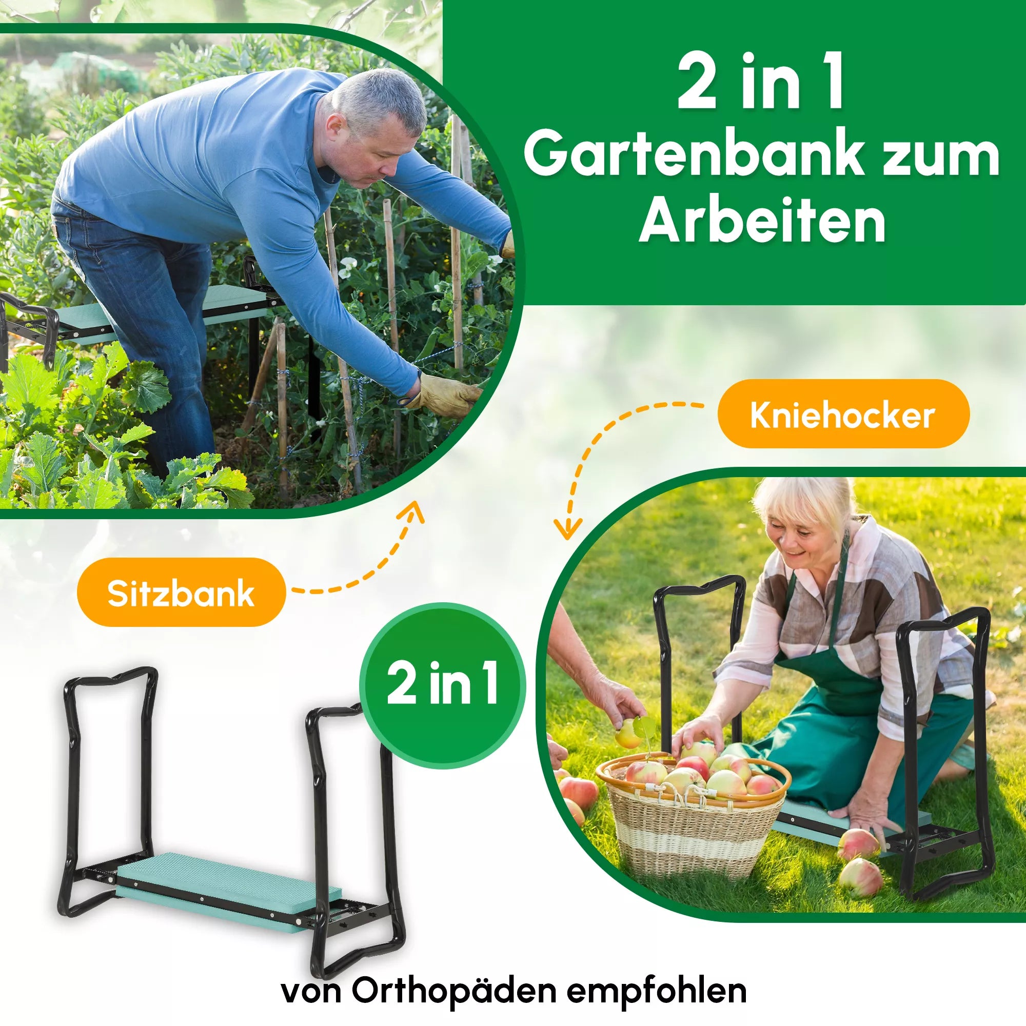 Sodininkystės kelių suolas Sulankstomas sodo taburetė Sodininkystės suolas Kelių pagalba iki 150 kg EVA putplastis Plienas Tamsiai žalia 58 x 28 x 49 cm