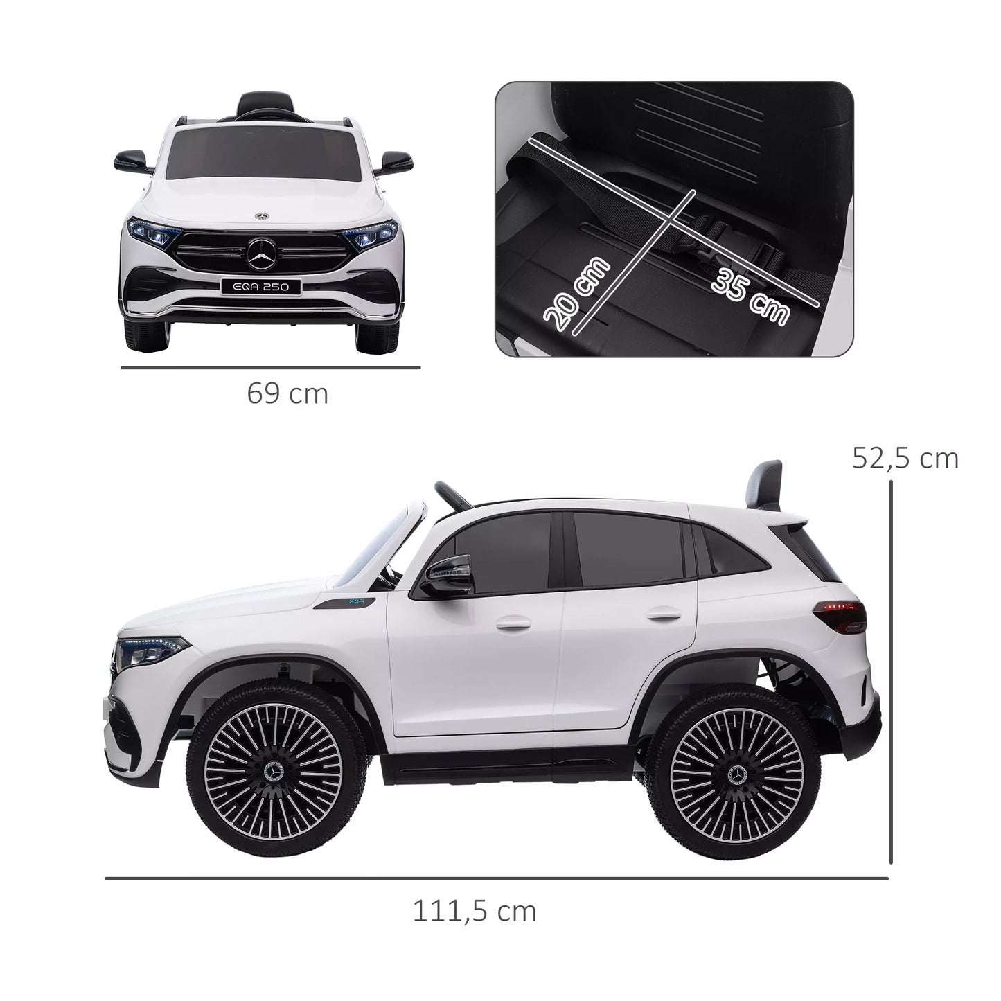 Elektrinis vaikiškas automobilis, licencijuotas Mercedes-Benz EQA, 3-8 km/h, su muzika, priekiniais žibintais, garsiniu signalu, nuotolinio valdymo pultu, baltas