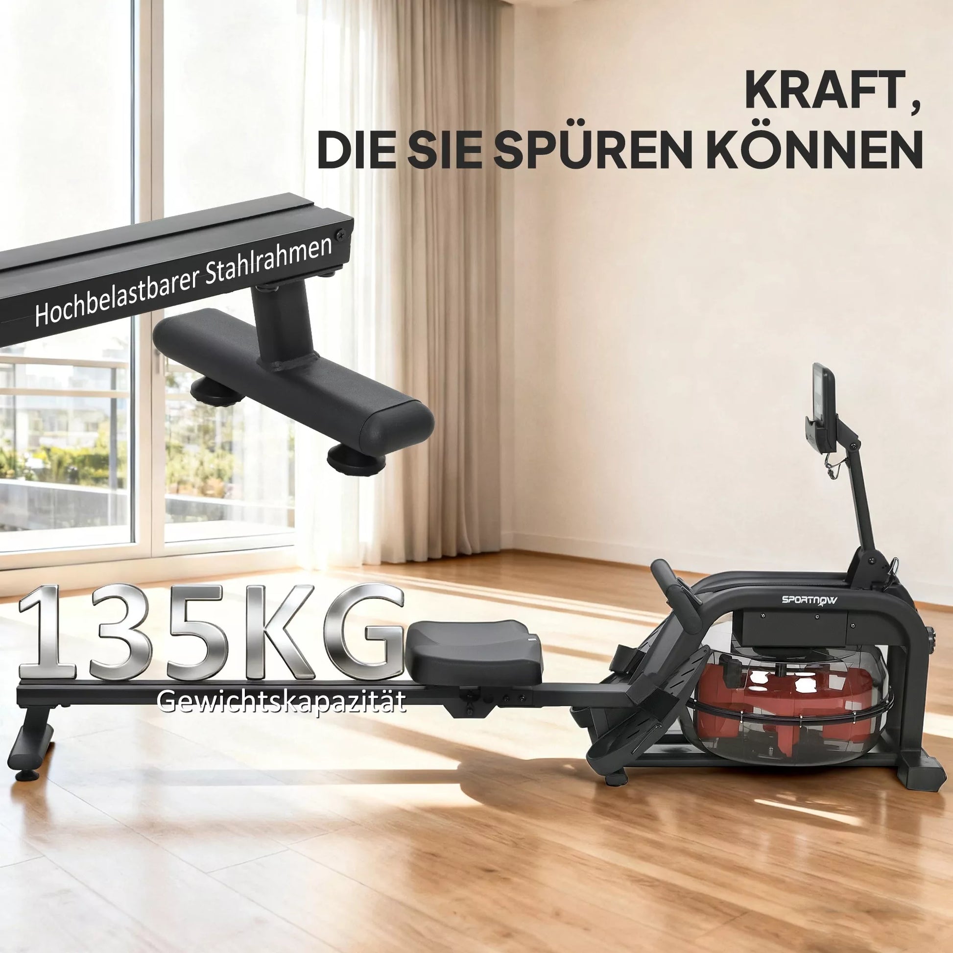 Irklavimo treniruoklis, irklavimo staklės su 6-11 L vandens baku, LCD monitoriumi, telefono laikikliu, 135 kg keliamoji galia, plienas, juodas