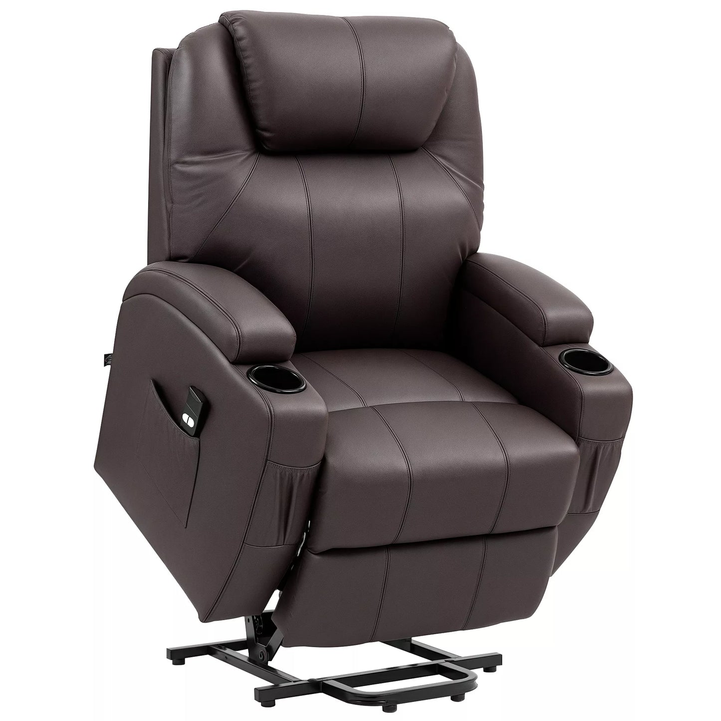 Pakeliamasis krėslas, krėslas-relaksas su pakėlimo funkcija, su nuotolinio valdymo pulteliu, puodelio laikikliu, reguliuojama atlošo atrama, rudos spalvos