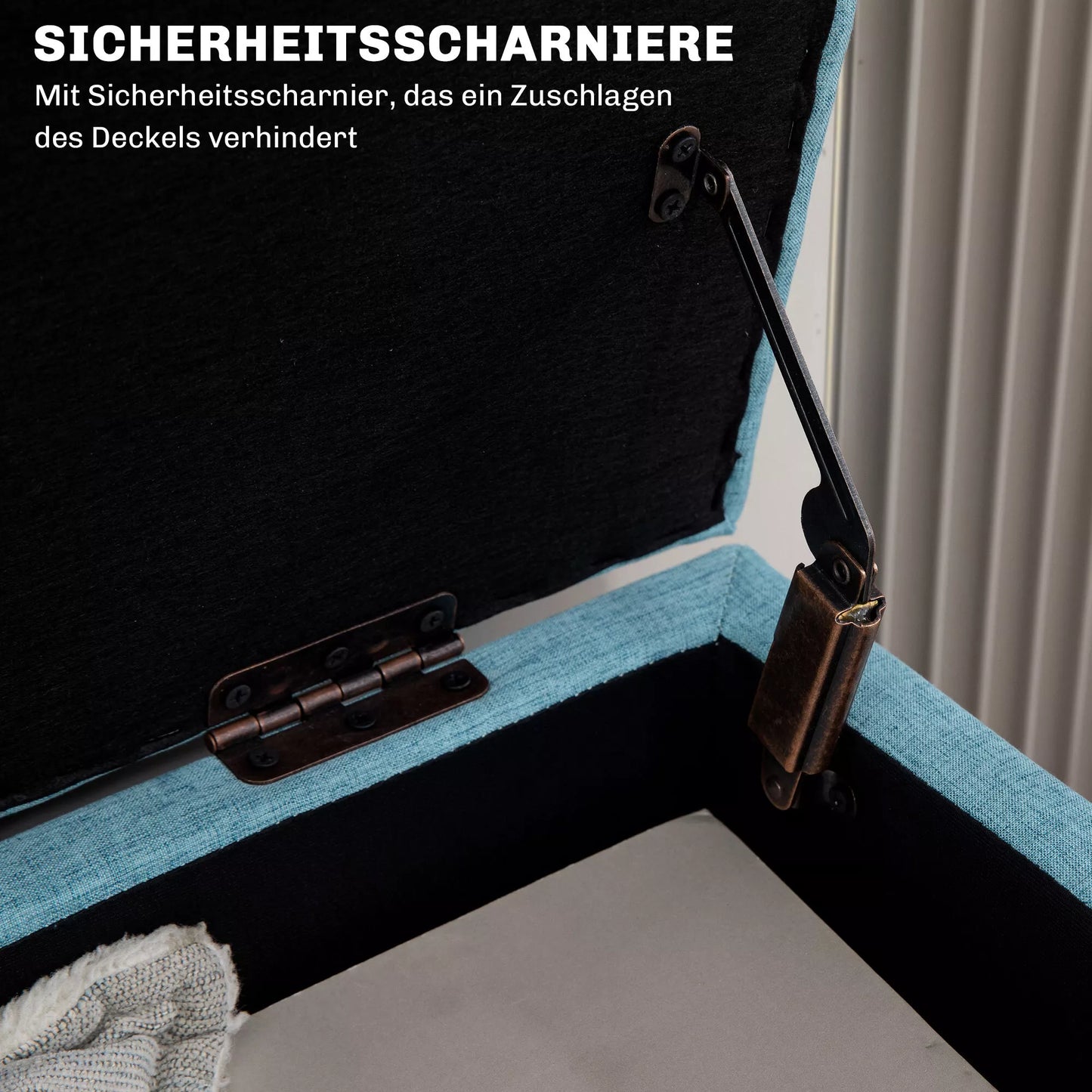 Suolas su daiktadėže, iki 220 kg, lininio audinio išvaizda, 110x39x45cm, Mėlyna