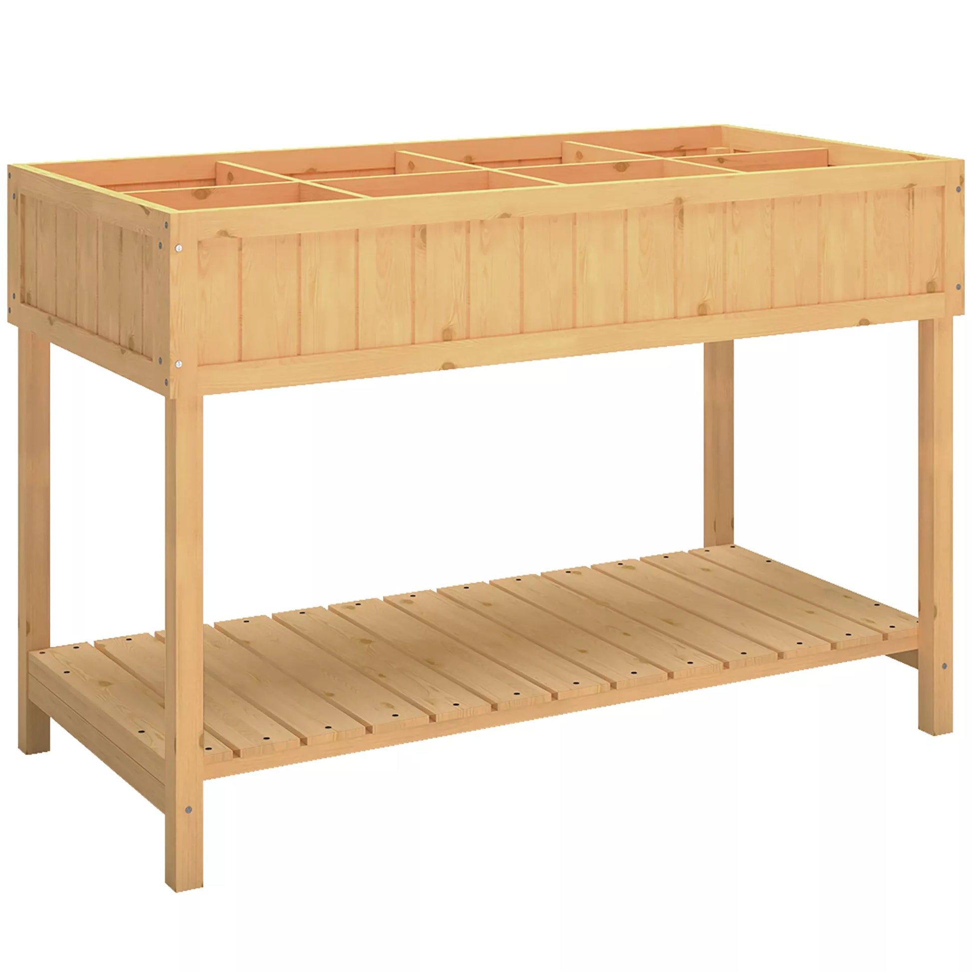 Aukštas gėlių stalas su 8 skyreliais, gėlių dėžė, pušies mediena, 1 lentynėlė + nuotekų surinkėjas