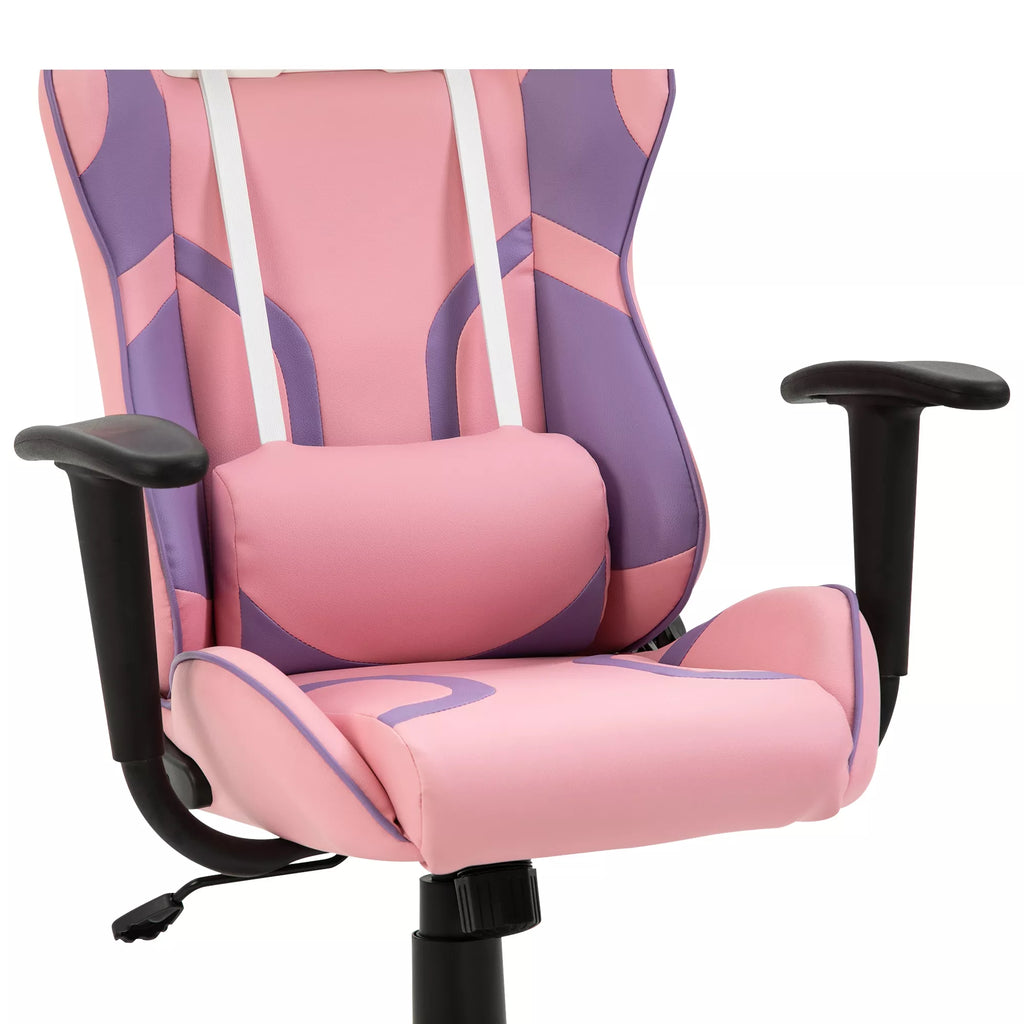 Ergonomiška žaidimų kėdė, biuro kėdė, sukamoji kėdė su reguliuojama masažine juosmens atrama, aukščio reguliavimo, rožinė ir violetinė, 69x56x125,5 cm