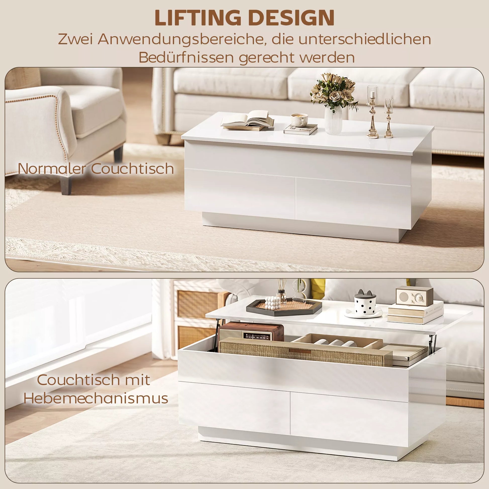 Kavos staliukas reguliuojamas, modernus svetainės baldas su paslėpta daiktų saugykla ir 2 stalčiais, mdf balta blizgi plokštė, 100x50x45 cm