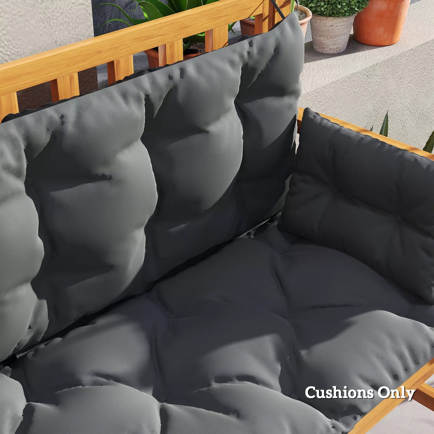 Lauko pagalvių komplektas suoliukui arba sodo supynėms, dviejų spalvų, poliesteris, putplastis, 180 x 110 x 8 cm, tamsiai pilka
