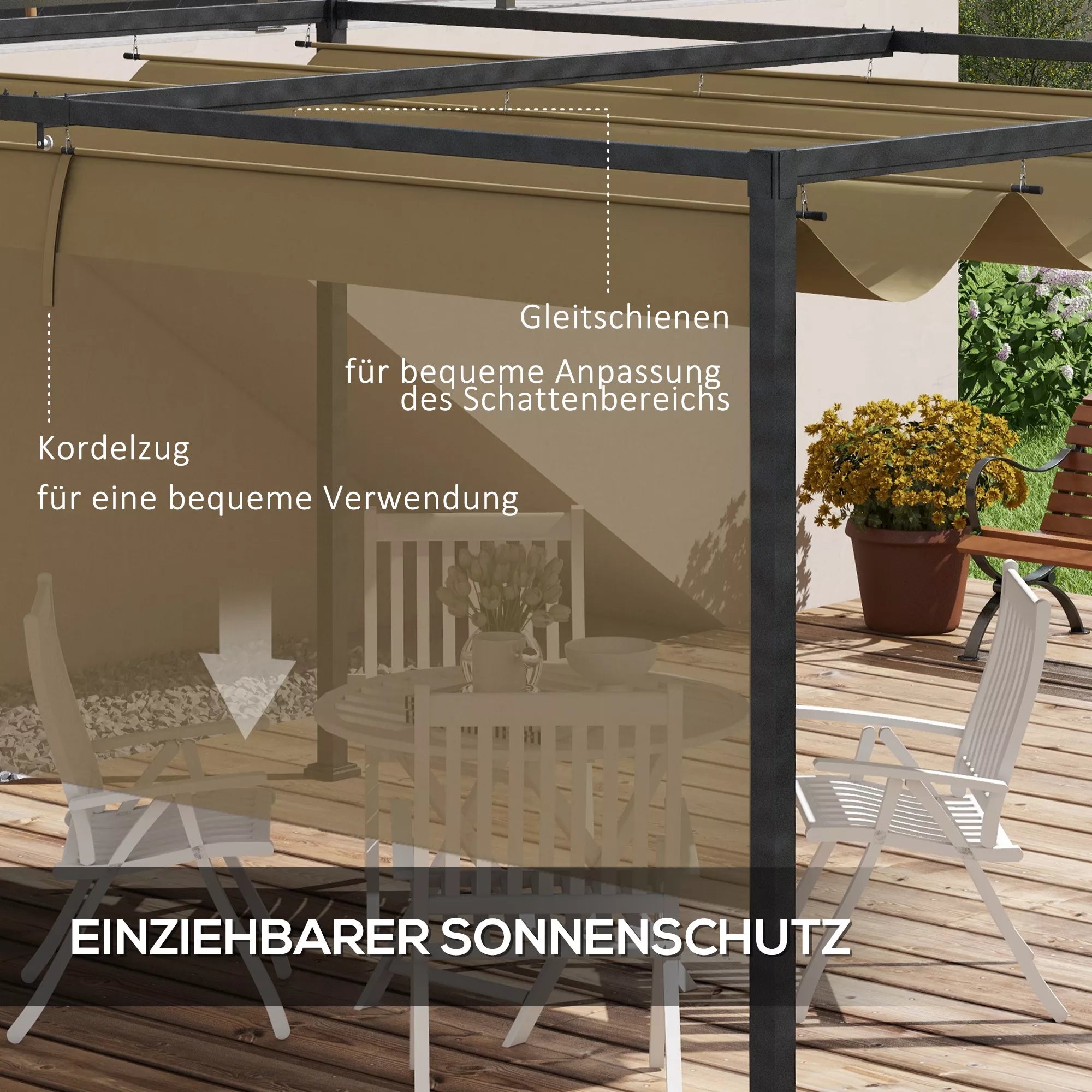 Pergola, tvirta saulės apsauga sodui, balkonui, terasai, pagaminta iš metalo ir plastiko, atspari UV spinduliams ir vandeniui, chaki spalvos