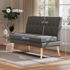 2 vietų sofa, su dygsniuota atlošu, medinėmis kojelėmis,  storu paminkštinimu, linine išvaizda,  mažoms erdvėms, pilkos spalvos