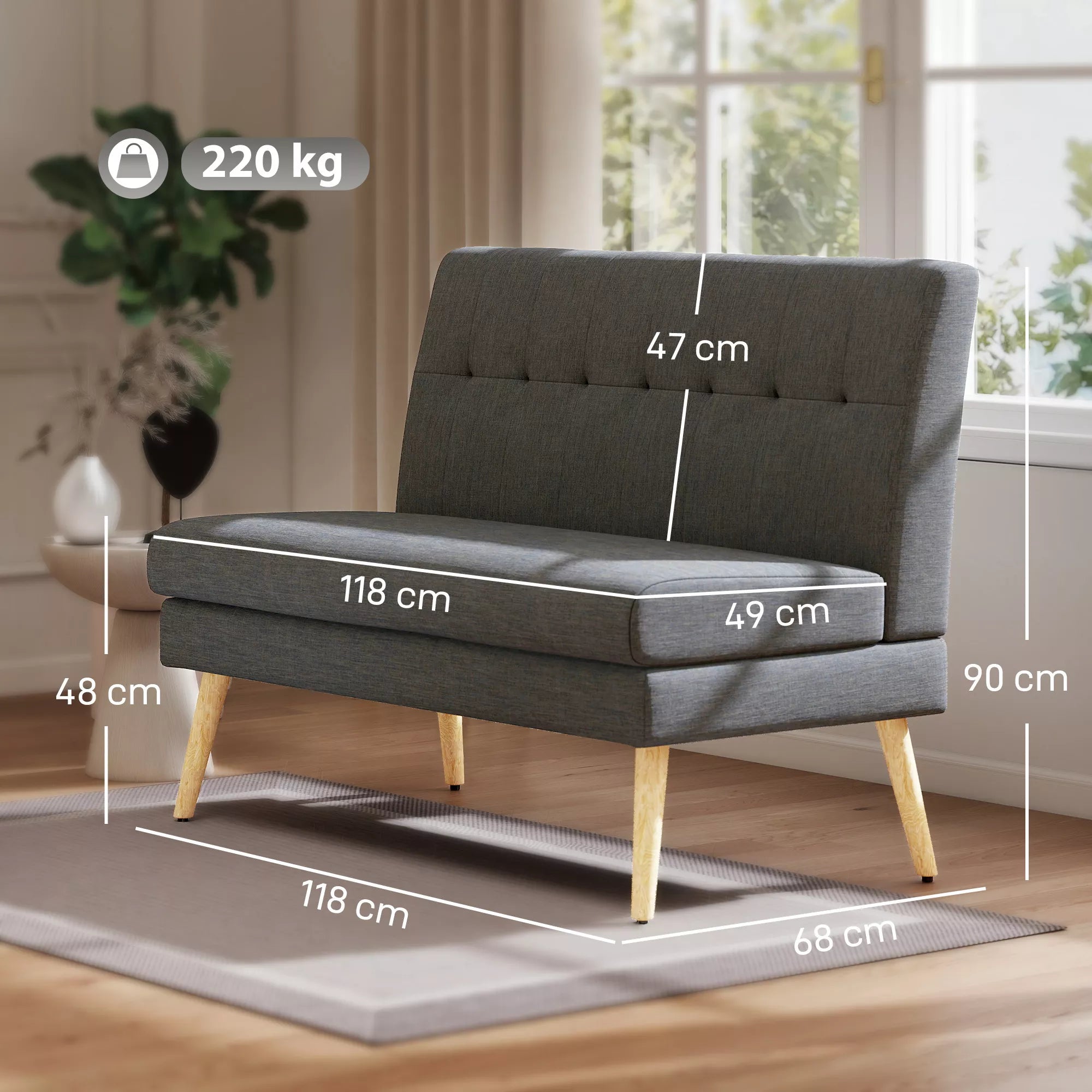 2 vietų sofa, su dygsniuota atlošu, medinėmis kojelėmis,  storu paminkštinimu, linine išvaizda,  mažoms erdvėms, pilkos spalvos